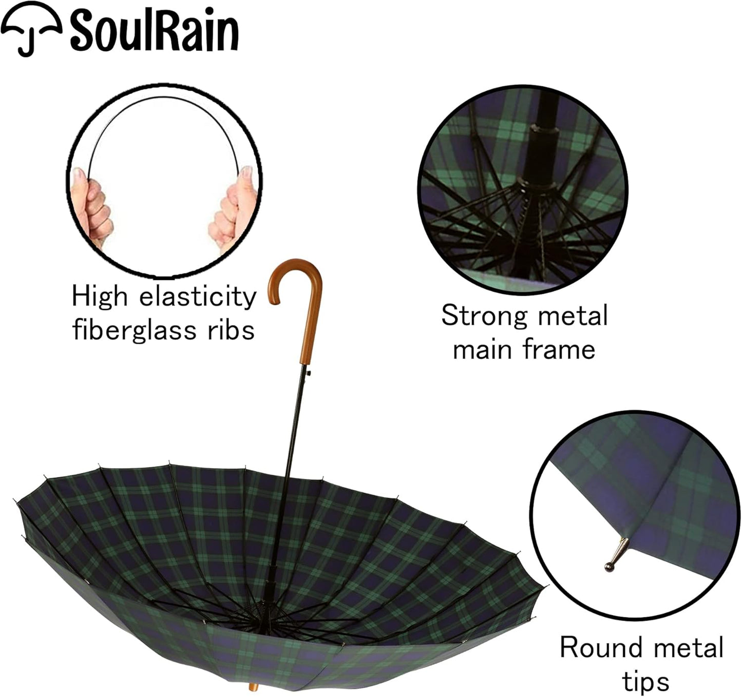 SoulRain 16 Ribs 48" Stick Umbrella Auto Open Solid Color Fashionable and Simple,Arc Classic Wood Handle,Windproof Unbreakable Stick Rain Umbrella