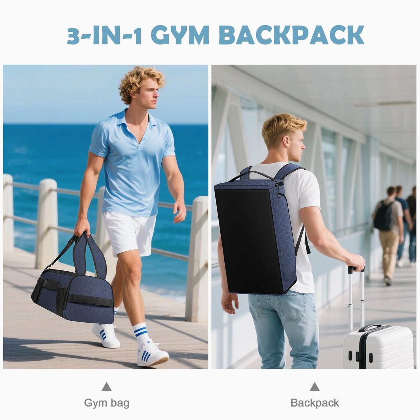 Gym Bag for Women Men, Duffle Travel Bag with Shoes Compartment and Wet Pocket, Waterproof Overnight Carry On Bag Backpack with Two Elastic Bottle Holders for Travel, Workout, Sports, Weekend - MIYCOO