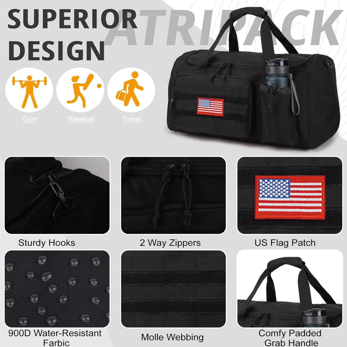 Tactical Gym Bag for Men, 60L Large Capacity Duffle Bags with Shoes Compartment, Sports Bag with wet compartment, Multi-functional Weekend Bags Suitable for Travel, Camping,hiking