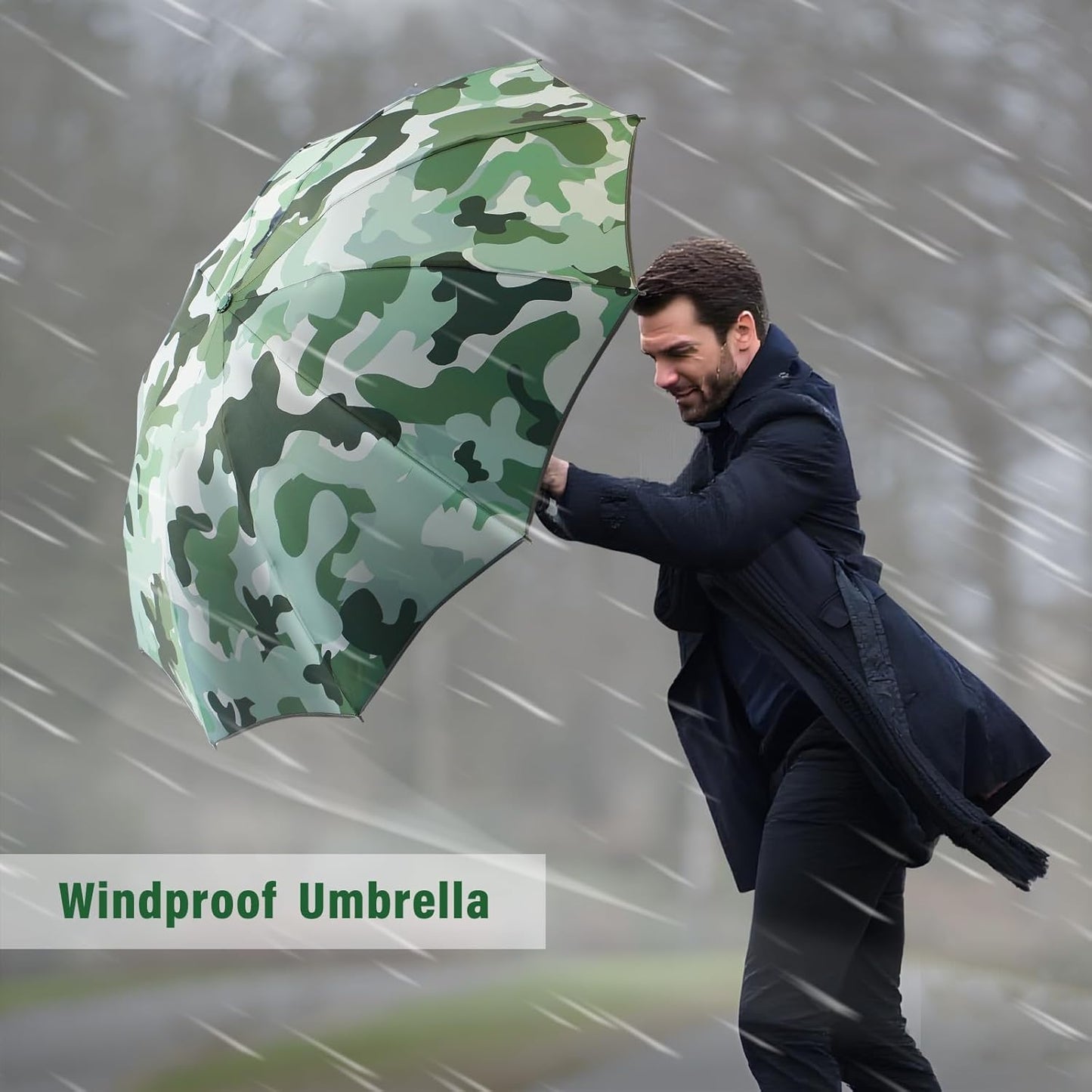 Large Windproof Travel Umbrella, Portable Reverse Folding Rain Umbrella for Car,Women and Men, Durable, Compact Inverted Design with Camouflage Canopy, Fits Backpack, 41.5/13 Inch, Automatic