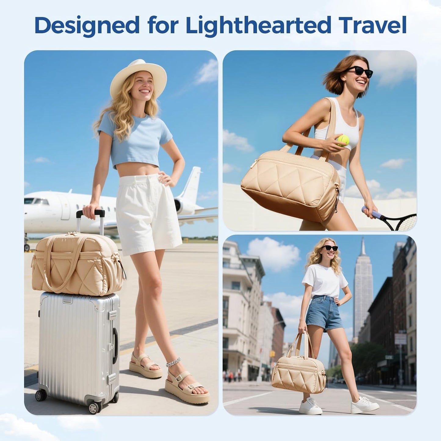 Gym Bag for Women, Puffer Travel Duffle Bag With Shoes Compartment & Wet Pocket, Carry On Tote Bag For Weekender, Overnight, Sport (Camel)