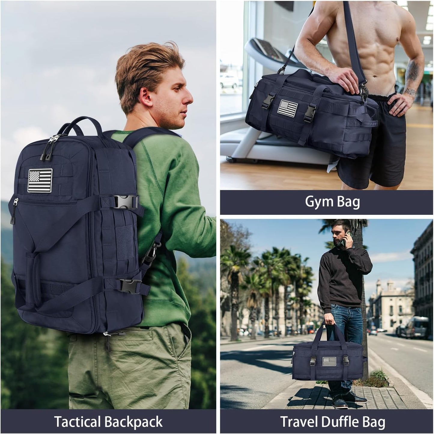 ETRONIK Gym Bags for Men Women, Military Travel Duffle Bag Backpack with Shoe Compartment, 3 in 1 Carry on with Wet Pocket, Weekender Overnight Range Backpack for Workout Football Gym, Blue