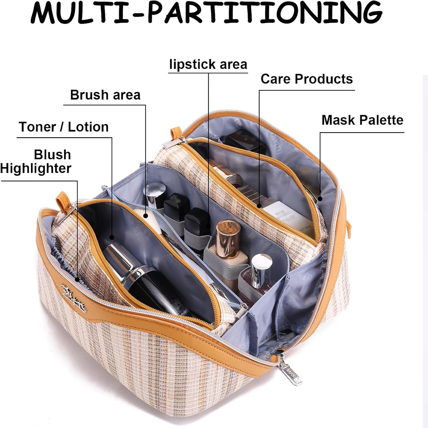 BOYATU Travel Makeup Bag for Women: Large Capacity Open Flat Make up Bag Set of 3 - Vegan Leather Cosmetic Bag with Compartments - Waterproof Toiletry Bag with Handle & Divider(I-4-Gold)