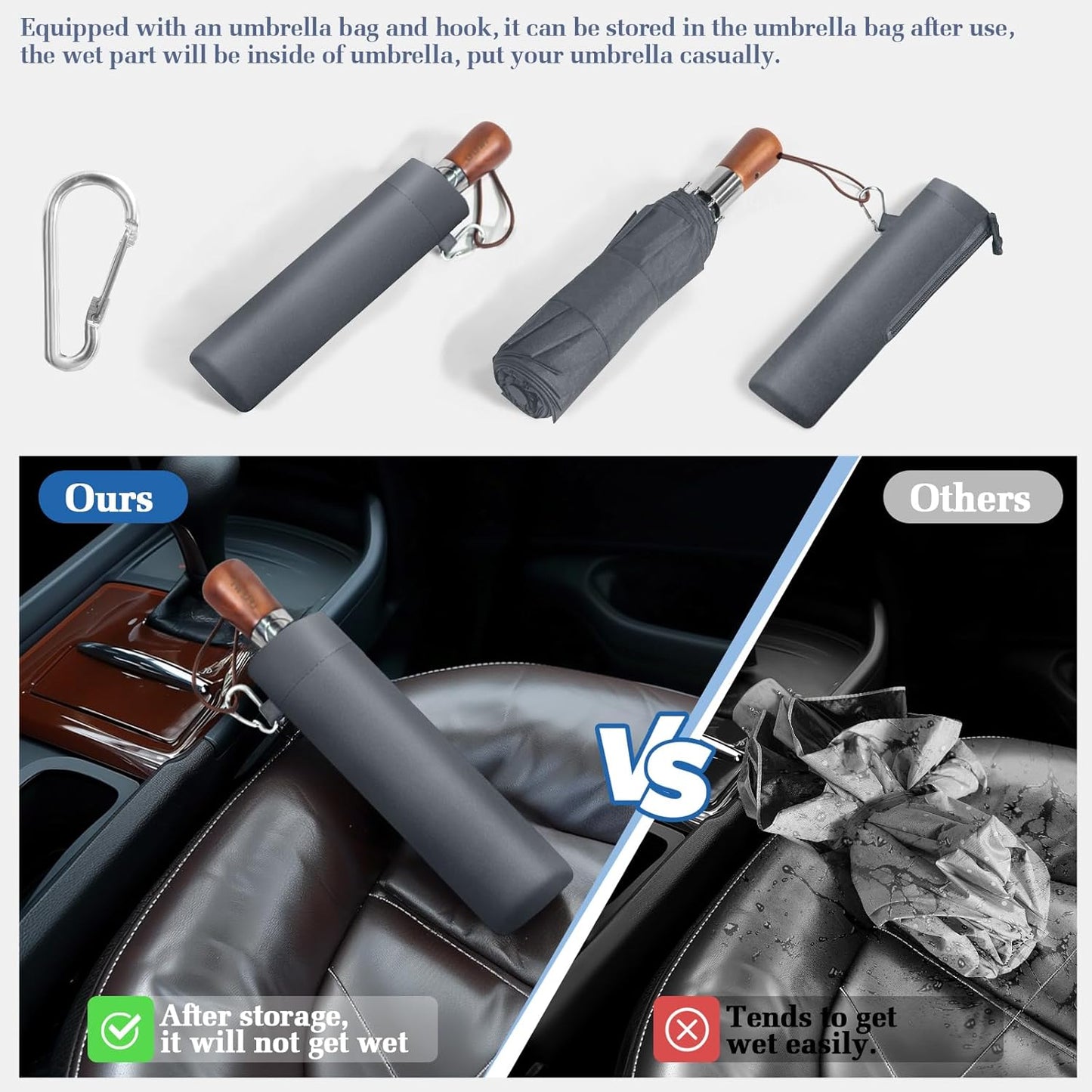 Umbrella Strong Windproof, Triple-Layer Canopy, 10 Fiberglass Ribs, Auto Open/Close, Wooden Handle, Sleeve with Anti-Loss Hook, Umbrellas for Travel & Commute & Daily Use & Gift