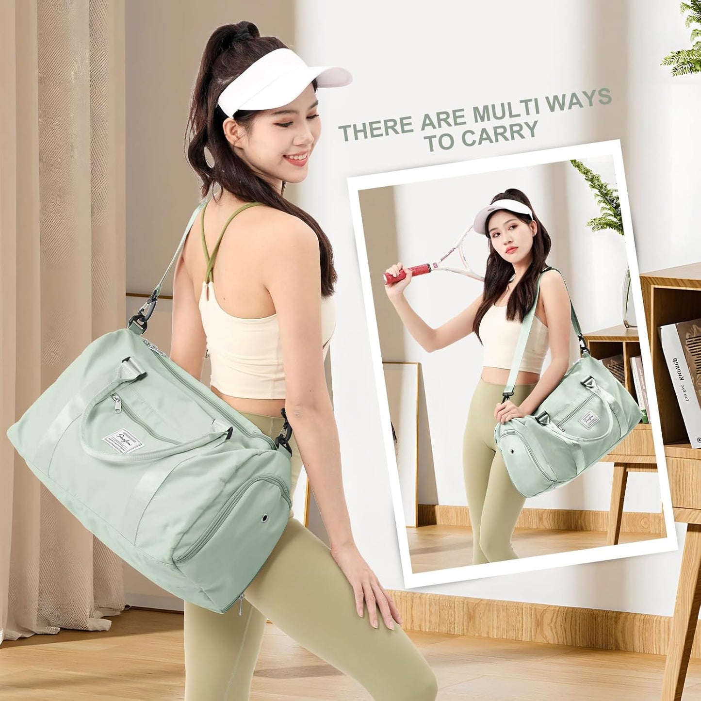 Gym Bag for Women with Shoes Compartment Small Duffel Bag Sport bag with Toiletry Bag Overnight Travel Tote Bags Weekender Carry on Bag Personal Item Bags for Airlines Mint Green