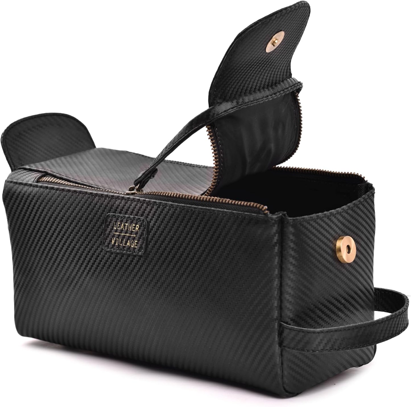 LEATHER VILLAGE Premium Carbon Fiber Genuine Leather Travel Toiletry Bag - Large Compact Dopp Kit, Water-Resistance Shaving & Cosmetic Organizer for Men & Women - Black