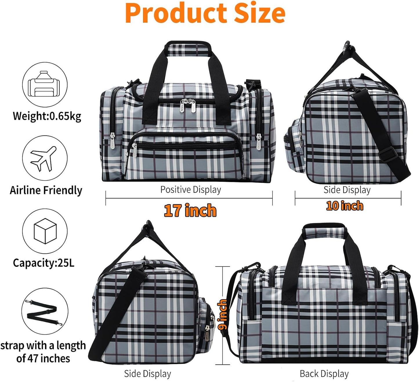 17 inch Small Duffle Bag - Carry On Weekender Bag for Travel Gym Sport - Gray/White