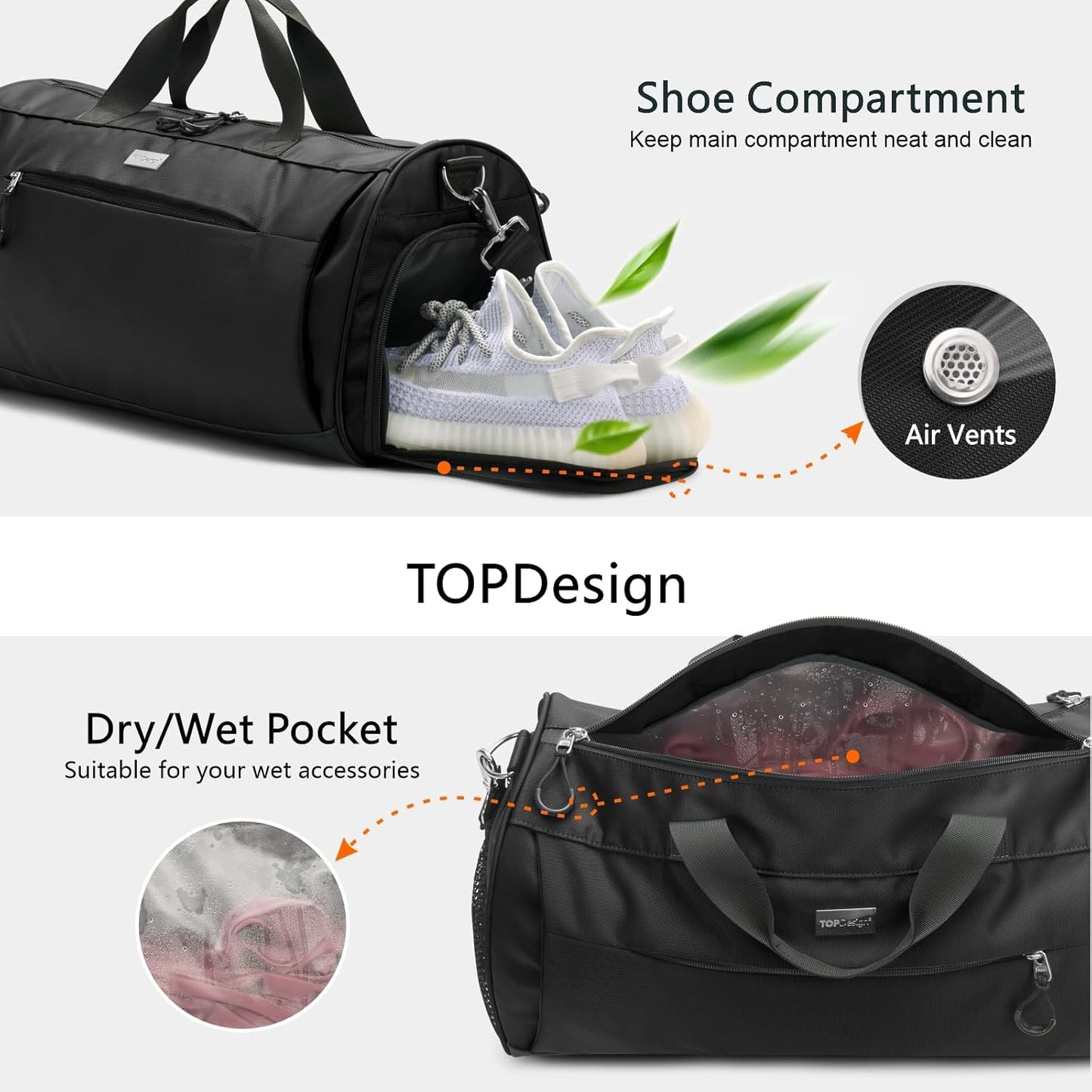 TOPDesign Gym Bag for Women & Men, Unisex Duffel Bag with Shoe Compartment & Wet Pocket for Travel Sports Gym (L Black)