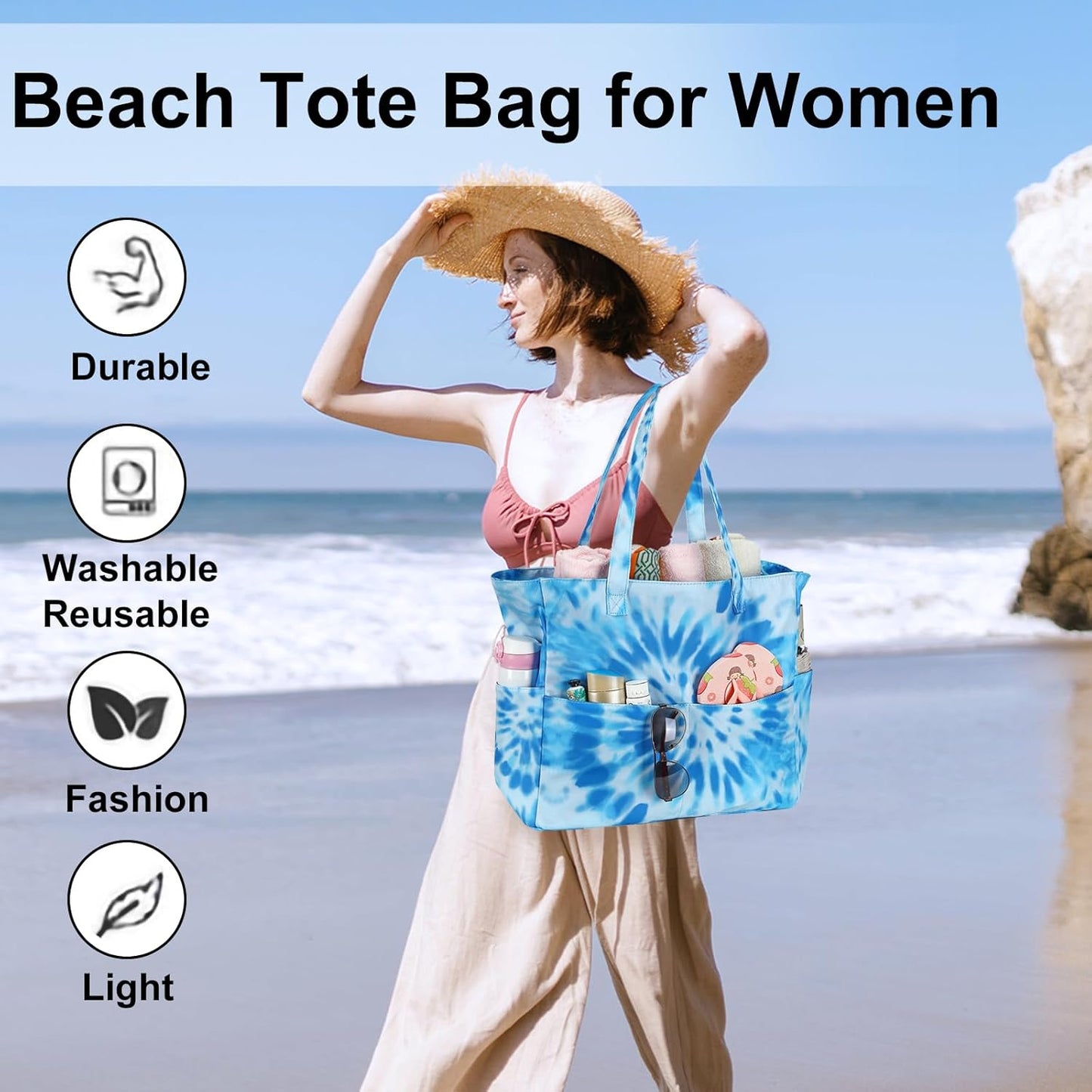 LEDAOU Large Beach Tote Bag Women Waterproof Sandproof Zipper Beach Tote Bag for Pool Gym Grocery Travel with Wet Pocket