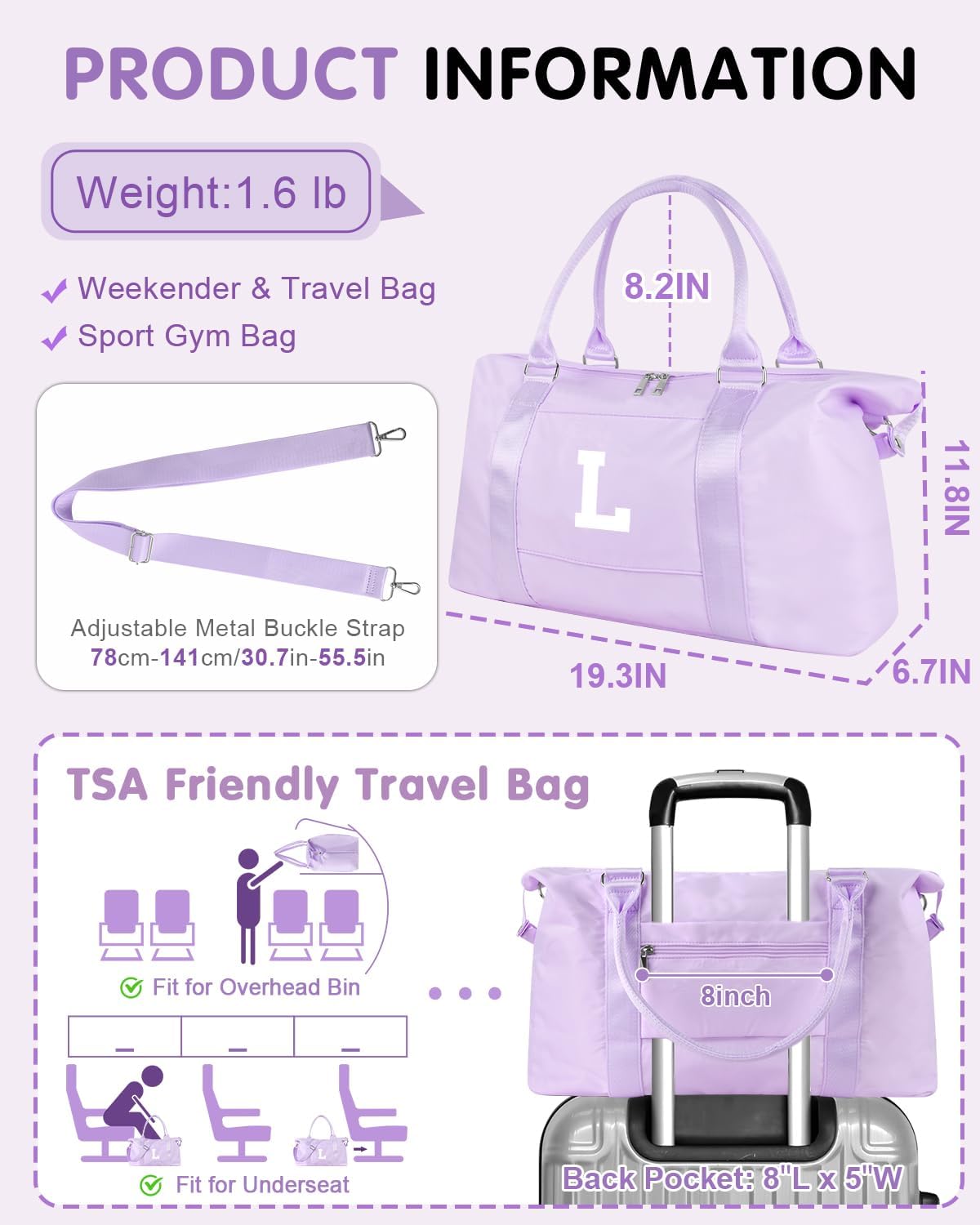 Daughter Niece Gifts for Teen Girl Kids, Initial Travel Duffel Bag Sports Gym Bag Personalized Gifts Weekender Bag,Monogram Overnight Bag Cute Dance Bag Birthday Bridesmaid Gifts for Women(Purple, L)