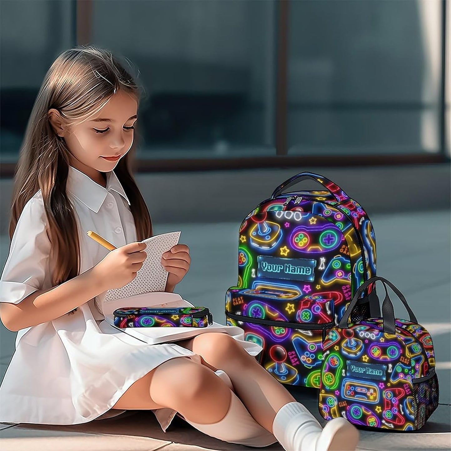 COZYAURA Kids Personalized Backpack - Large Bags with Lunch Bag Set - Cool Gamer Bookbag for Middle School & Travel - Kid School Supplies