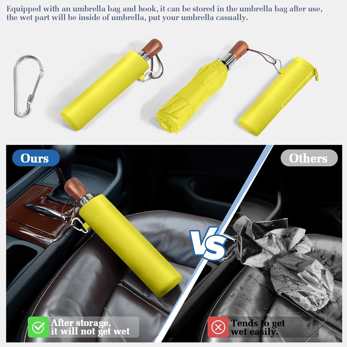 Umbrella Strong Windproof, Triple-Layer Canopy, 10 Fiberglass Ribs, Auto Open/Close, Wooden Handle, Sleeve with Anti-Loss Hook, Umbrellas for Travel & Commute & Daily Use & Gift