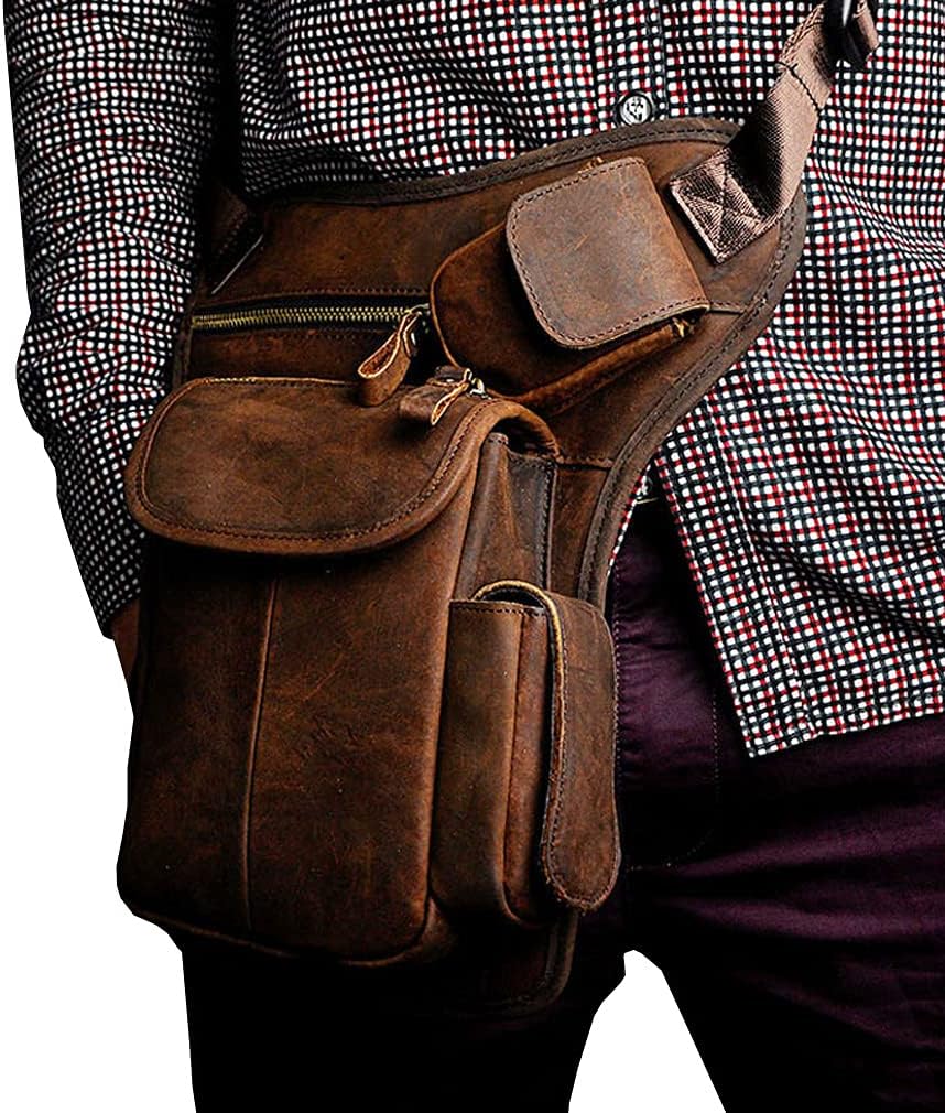 Leather Waist Pack Drop Leg Bag for Men Women Belt Bumbag Multi-Purpose Motorcycle Bike Outdoor Sports Tactical Cycling Riding Hiking Camping Pouch