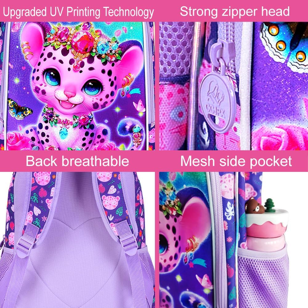 16" Leopard Backpack for Girls, 3Pcs Kids Bookbag for Elementary Preschool Kindergarten, School Backpacks with Lunch Box(Purple)
