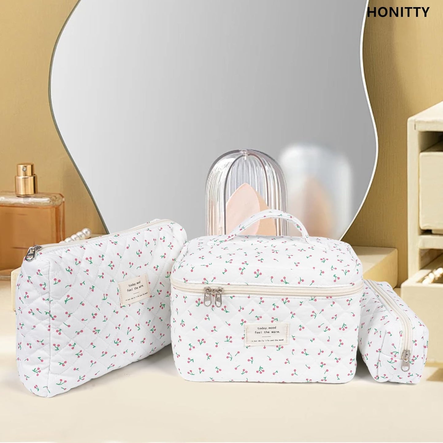 Makeup Bag,Quilted Cosmetic Bag,Large Floral Make Up Bag for Women,Cotton Makeup Bag Set,Flower Travel Toiletry Bag