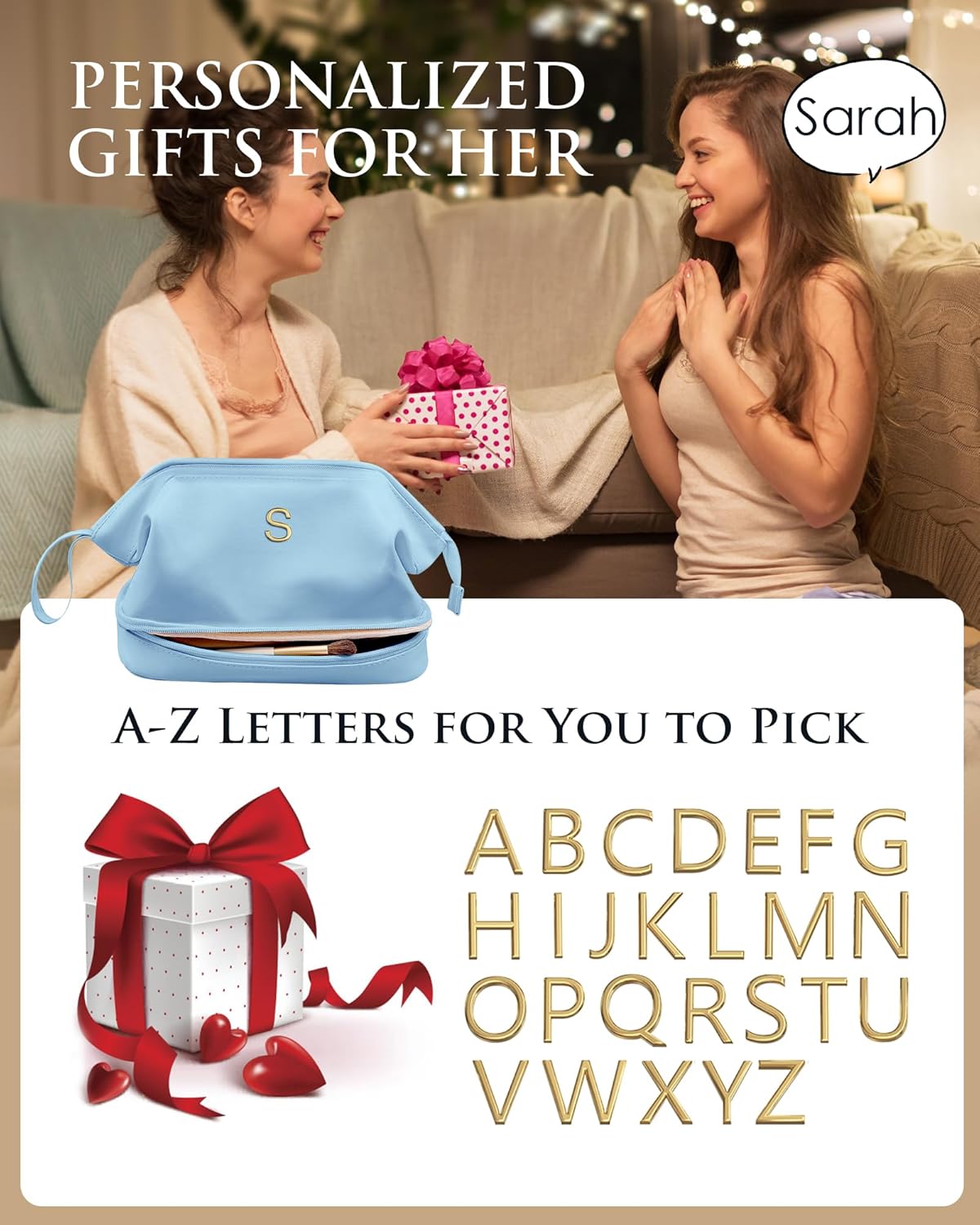 Initial Makeup Bag, Women Gifts, Personalized Double Layer Cosmetic Bag with Makeup Brush Organizer, Waterproof, Large Capacity PU Leather Travel Toiletry Bag Gifts for Friends Female Mom