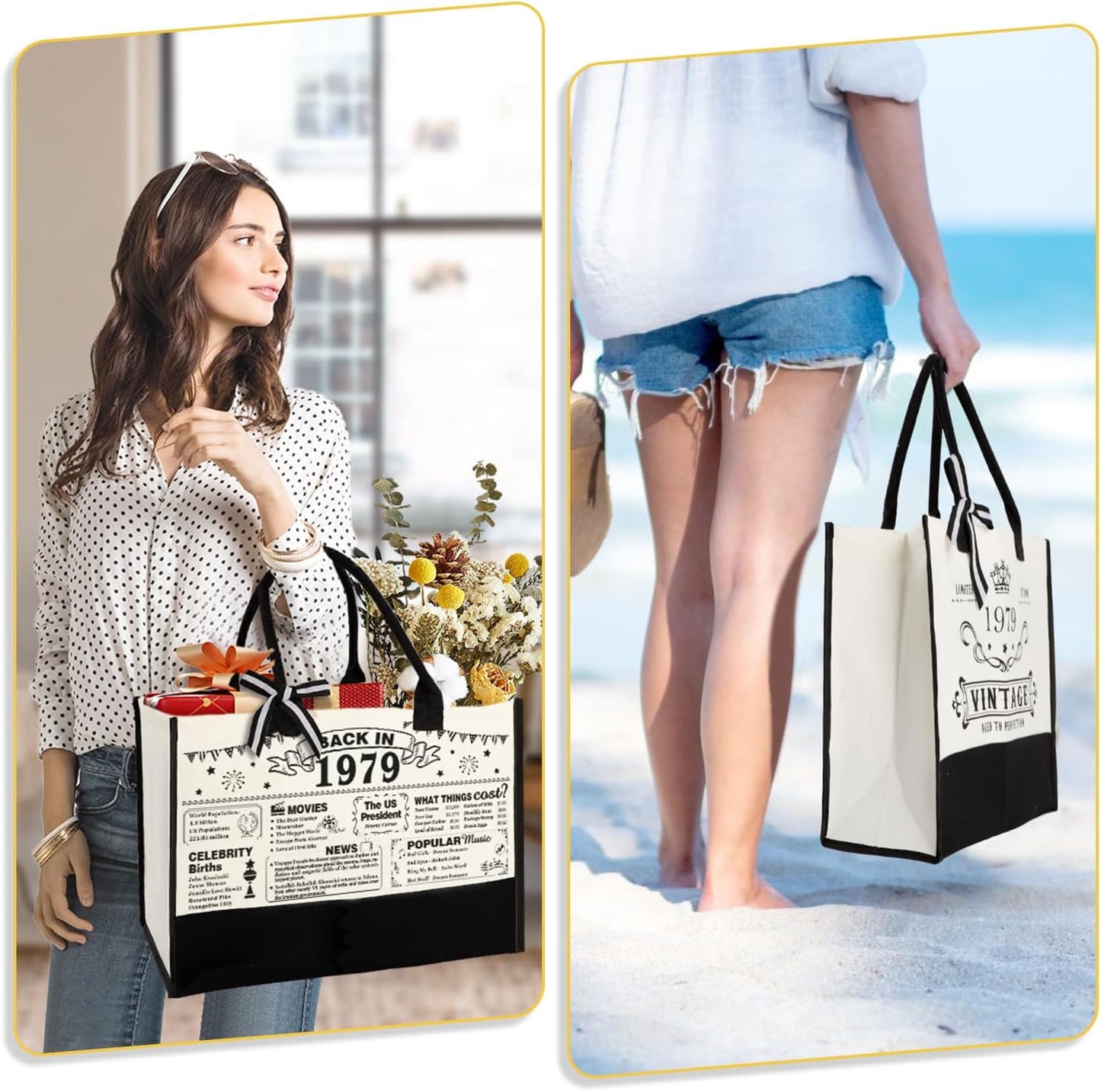 YeohJoy 46th Birthday Gifts for Women Canvas Tote Bag Travel Gear, Unique 46 Years Old Birthday Gifts for Girlfriend Sister Friends Her, Vintage 1979 Handbag & Cosmetic Bag & Back in 1979 Poster