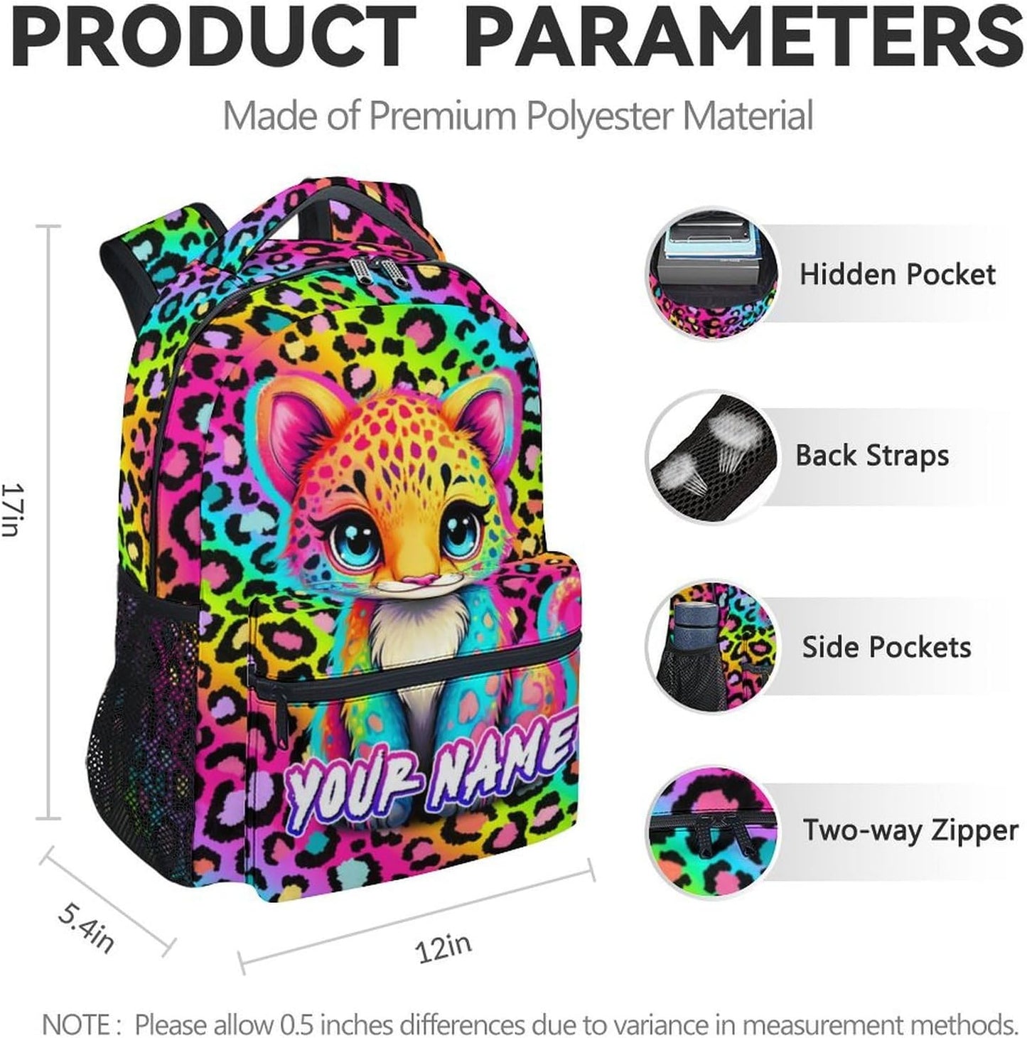 Custom School Backpack for Girls - 17 Inch Kids Cheetah Backpacks Ages 6-8 - Cute Rainbow Leopard Print School Bag for Kindergarten