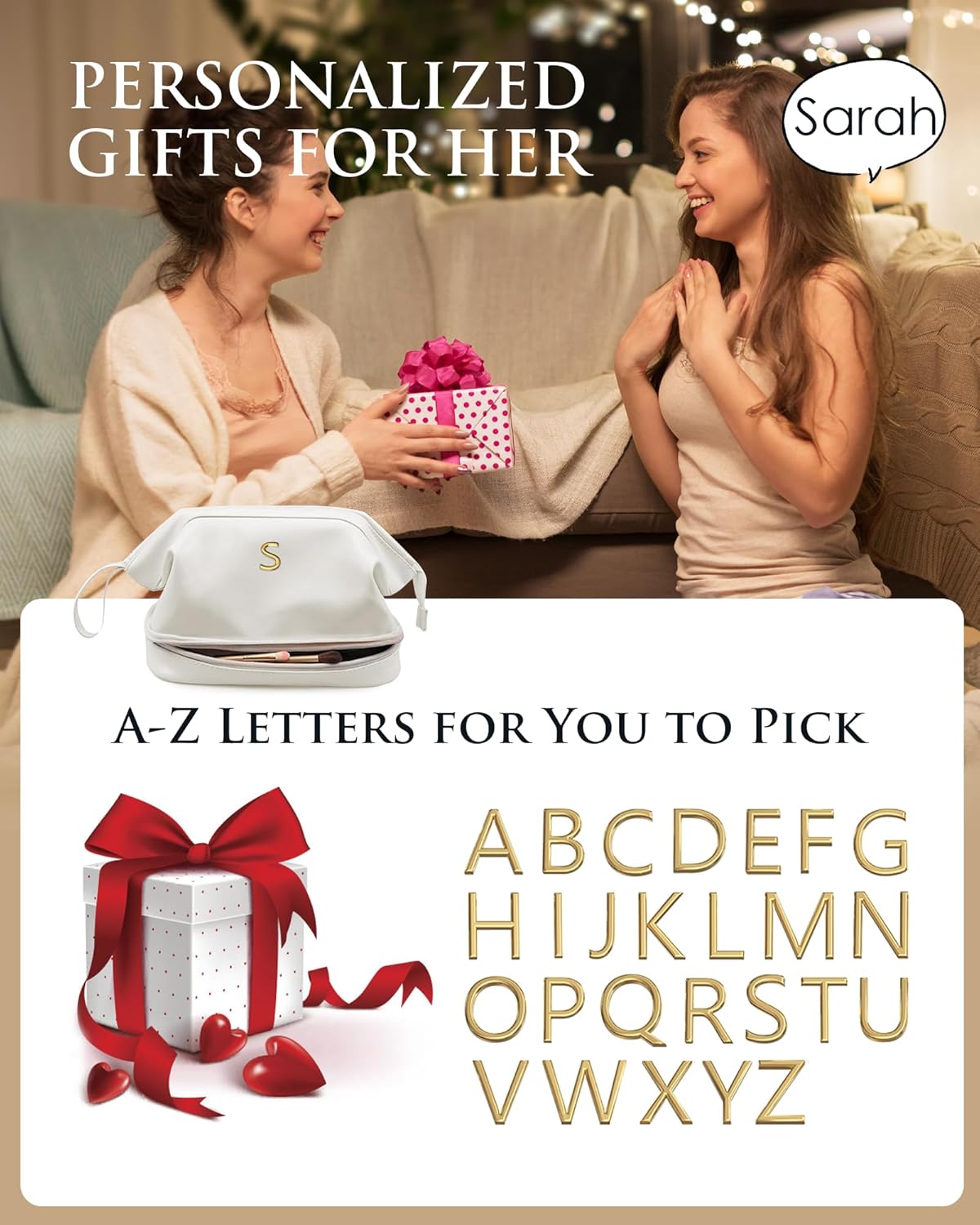 Birthday Gifts for Her, Initial Large Makeup Bag, Gift for Women Double Layer Cosmetic Bag with Makeup Brush Organizer, Toiletry Bag for Woman, Custom Tote Bag-Bachelorette Present