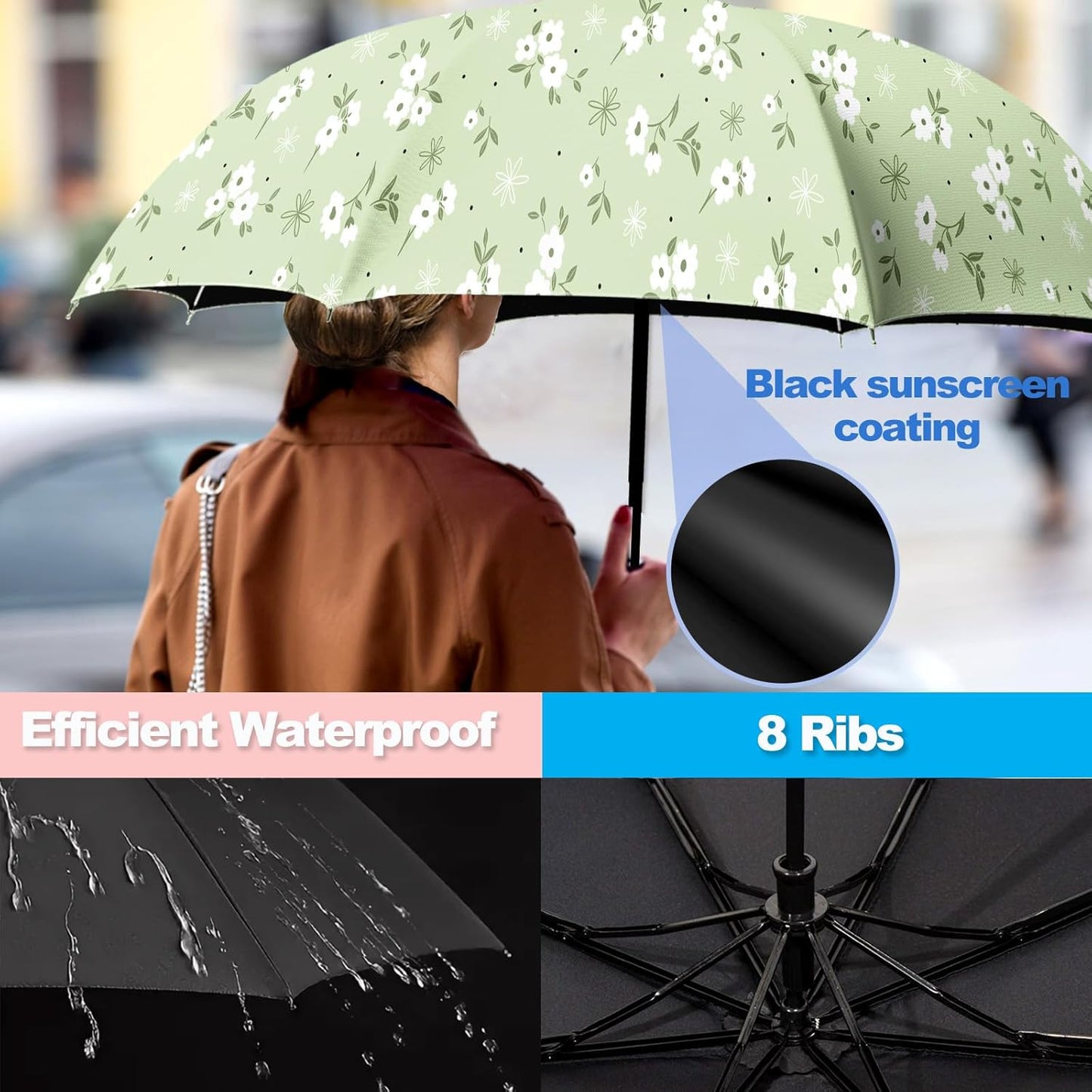 Small Travel Folding Umbrella for Girl, Portable, UV, SunShade, Compact, Automatic, Rain & Wind