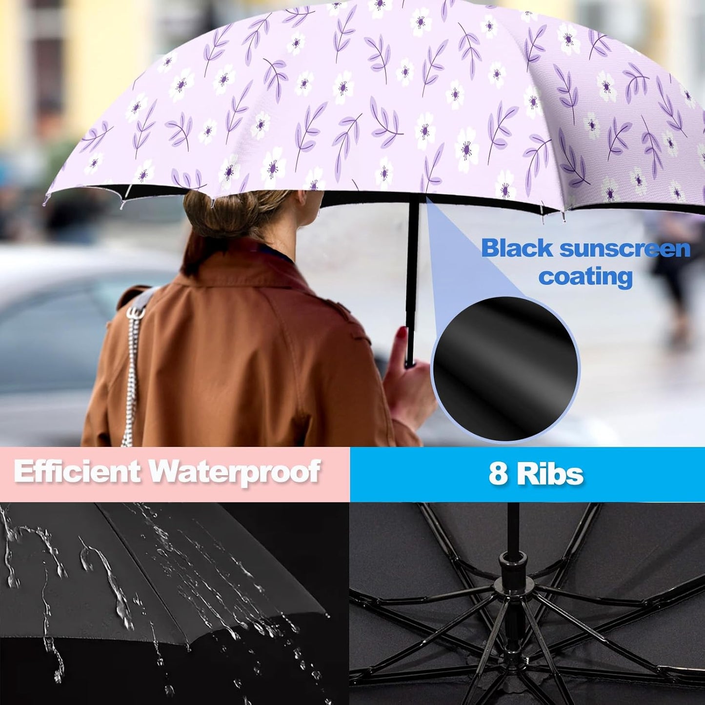 Small Travel Folding Umbrella for Girl, Portable, UV, SunShade, Compact, Automatic, Rain & Wind