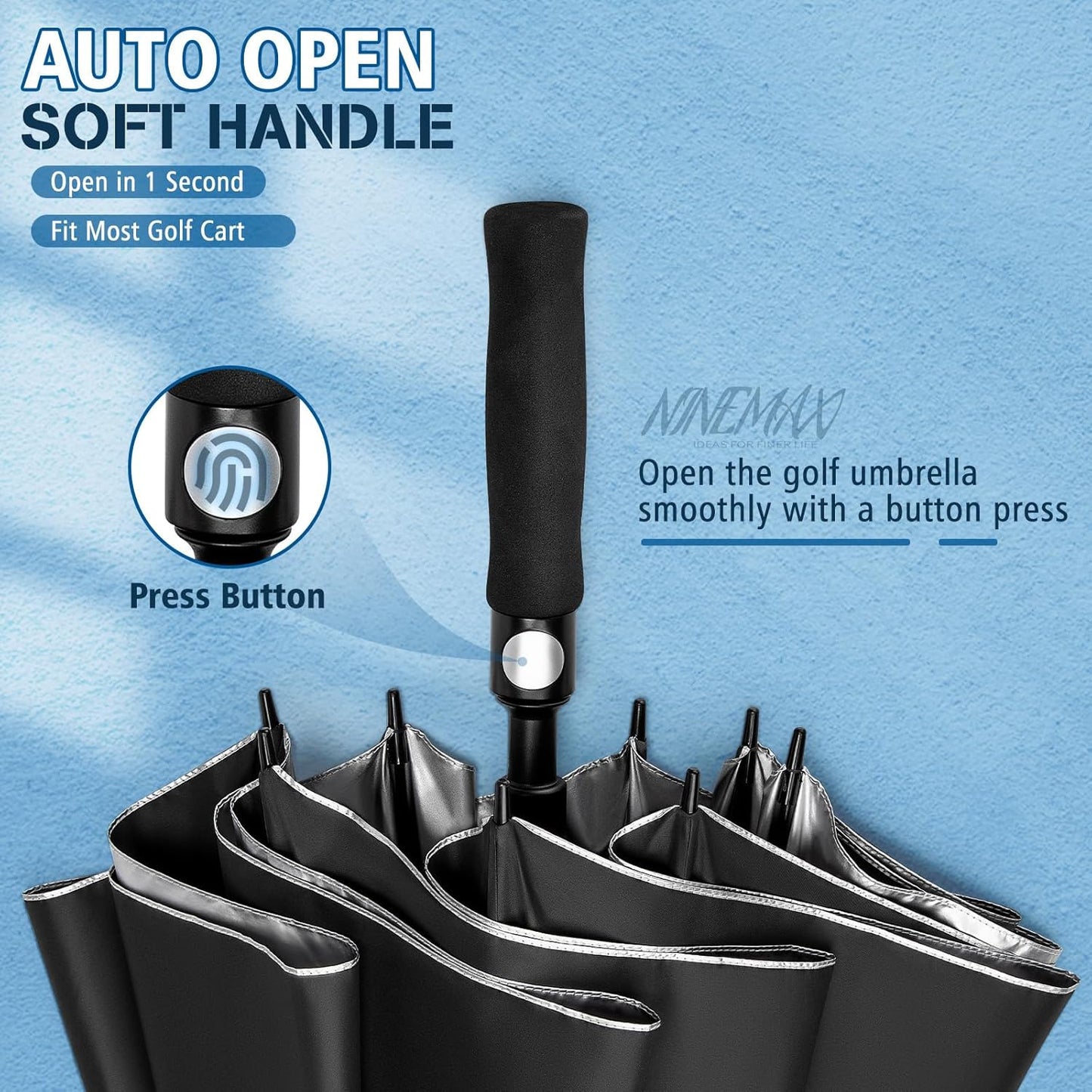 NINEMAX UV Protection Golf Umbrella 62/68 Inch, Sun Umbrellas UV Blocking UPF 50 for Rain Windproof Auto Open Vented Double Canopy