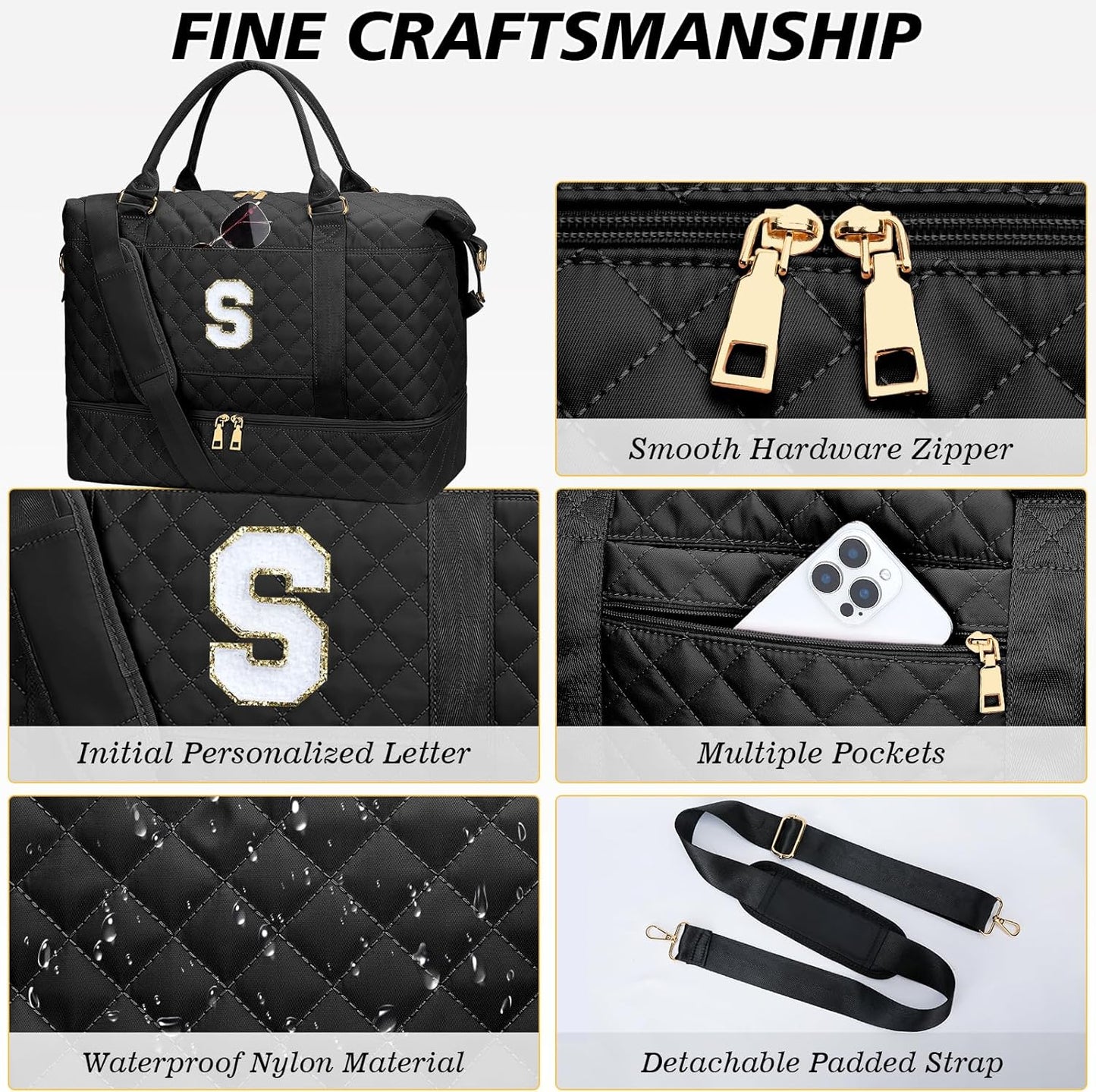 Gifts for Teen Girls Women Initial Travel Duffle Bag Quilted Weekender Carry-On Overnight with Cosmetic Bag, Gym Bag with Shoe Compartment, Black S