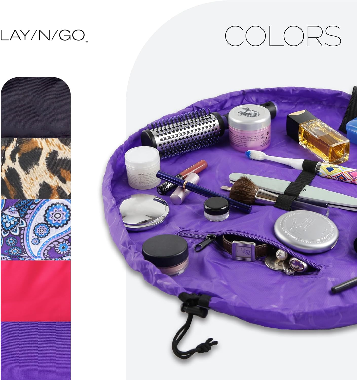 Lay-n-Go Cosmo Layflat Drawstring Cosmetic & Makeup Bag Organizer w/Zipper Pocket, Brush Loops & More, Cinch to Close, Lay Flat to Use, Durable, Machine Wash, Travel Toiletry Bag (22", Purple)
