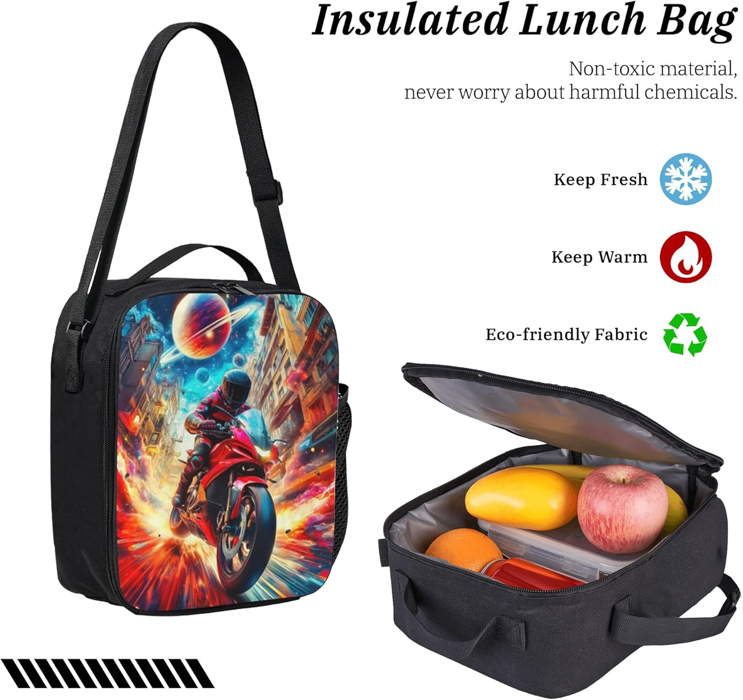 Motorcycle Kid Backpack Set with Lunch Bag & Pencil Case Large Capacity School Bag 17 Inch Bookbag for Boy Girl