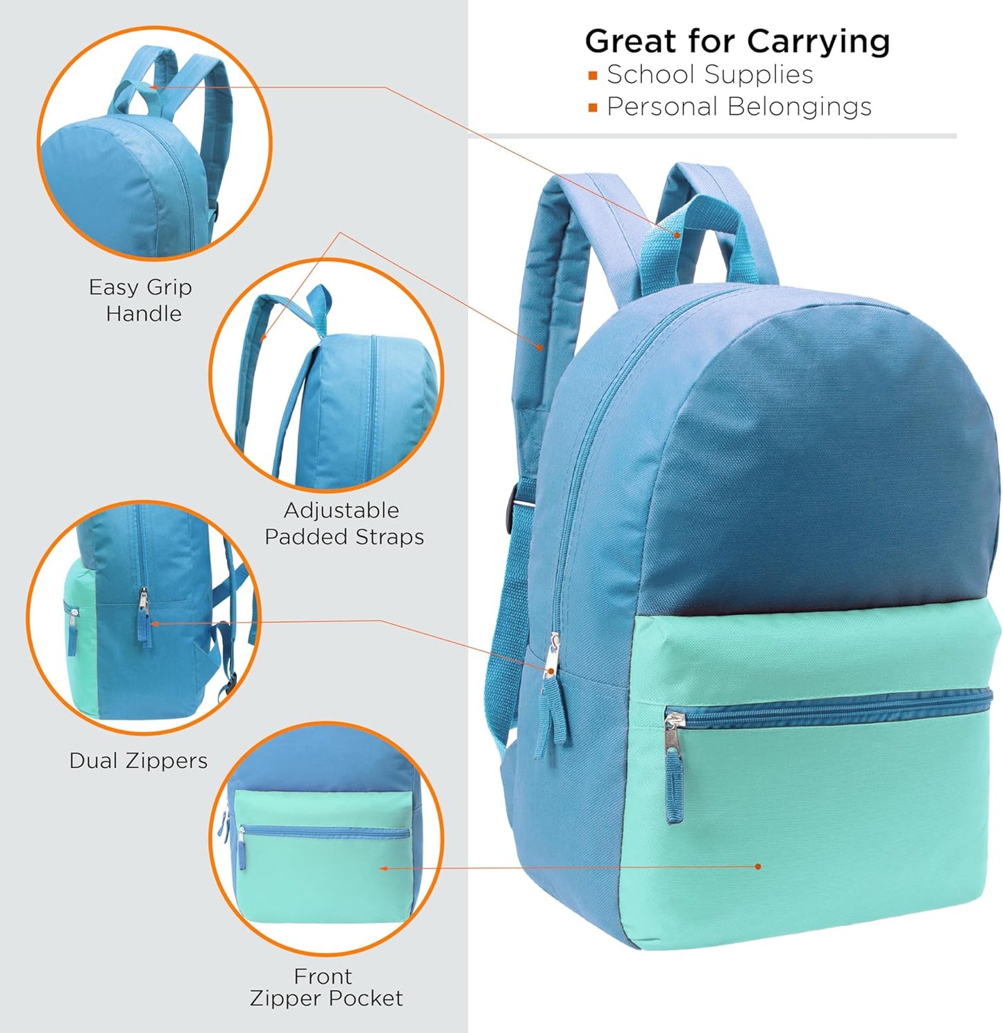 17" School Backpacks for Kids - Backpacks in Bulk for Elementary, Middle, and High School Students in Assorted Colors