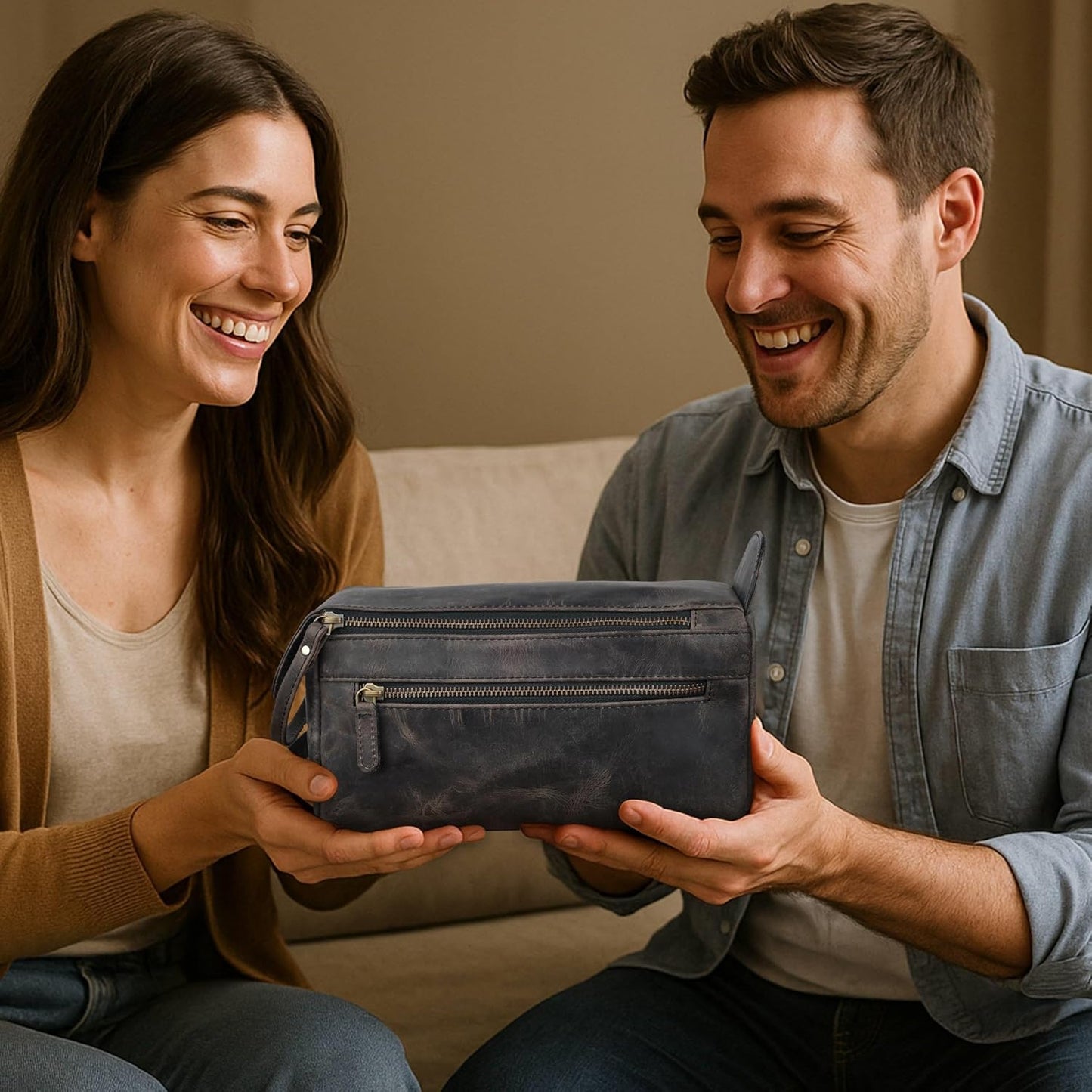 Leather Travel Toiletry Bag for Men & Women – Genuine Leather Dopp Kit, Shaving Organizer, Waterproof Lining, Spacious Toiletry Organizer Gift for Unisex- Chalkboard Grey