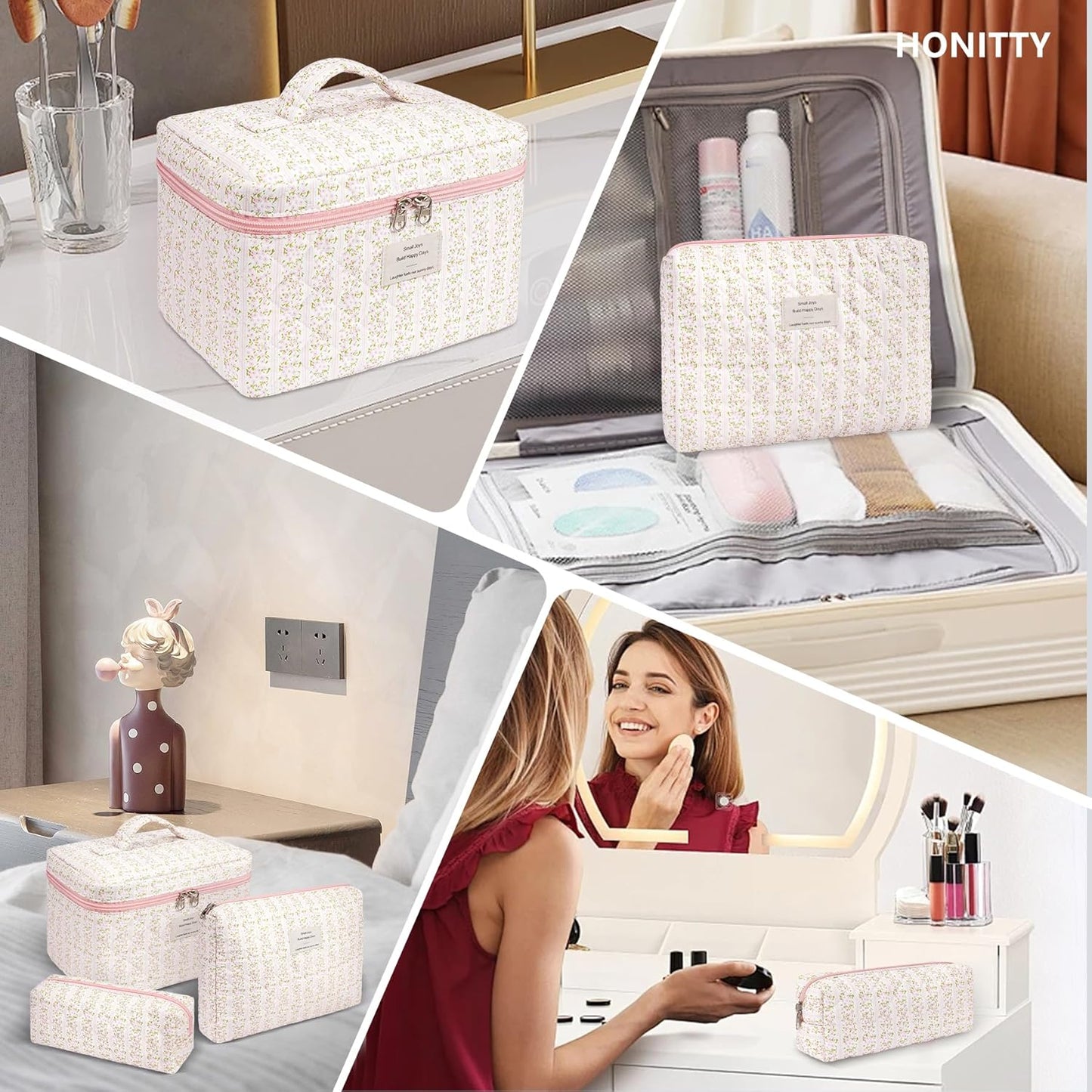 Makeup Bag,Quilted Cosmetic Bags,Large Floral Make Up Organize bag,Makeup Bag Set for Women,Flower Travel Toiletry Bag