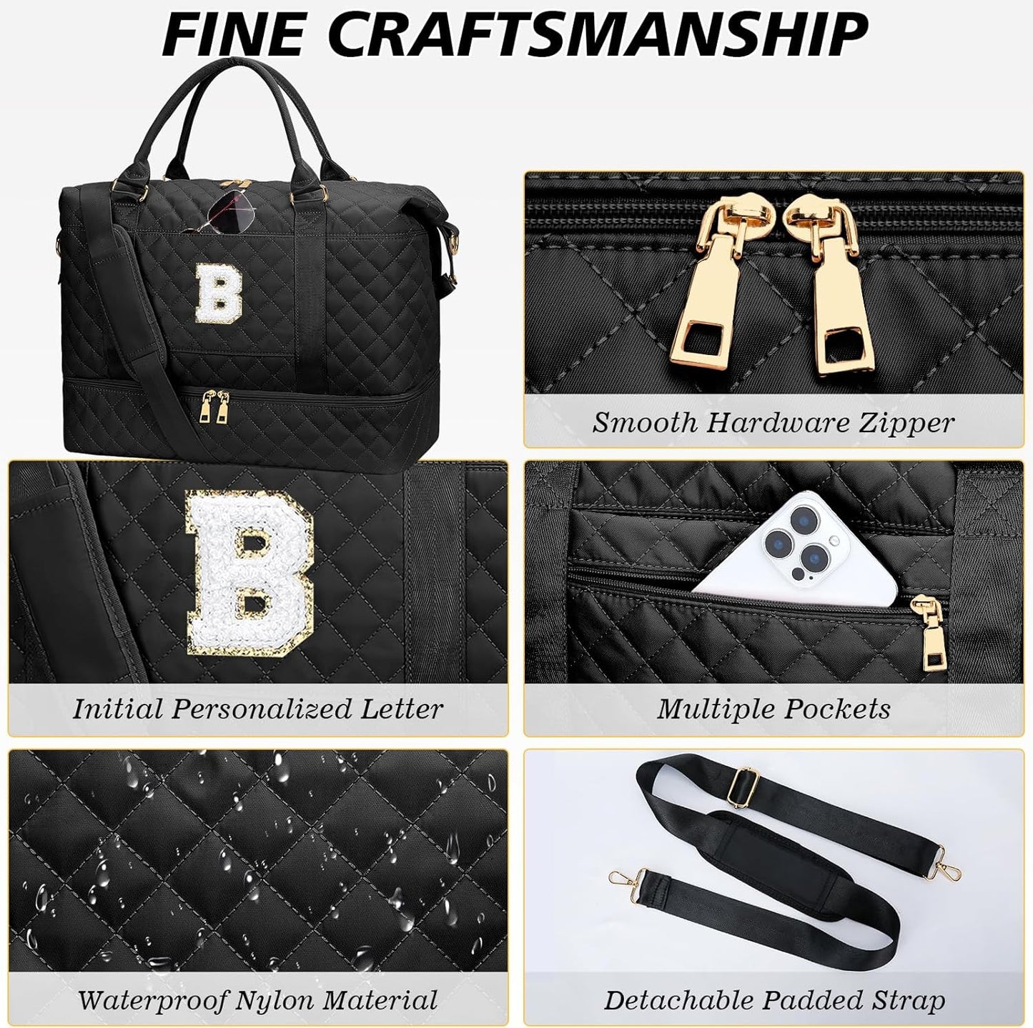 Gifts for Women Girls Christmas Initial Travel Duffle Bag Quilted Weekender Bags Carry-On Overnight with Cosmetic Bag, Gym Bag with Shoe Compartment, Black B