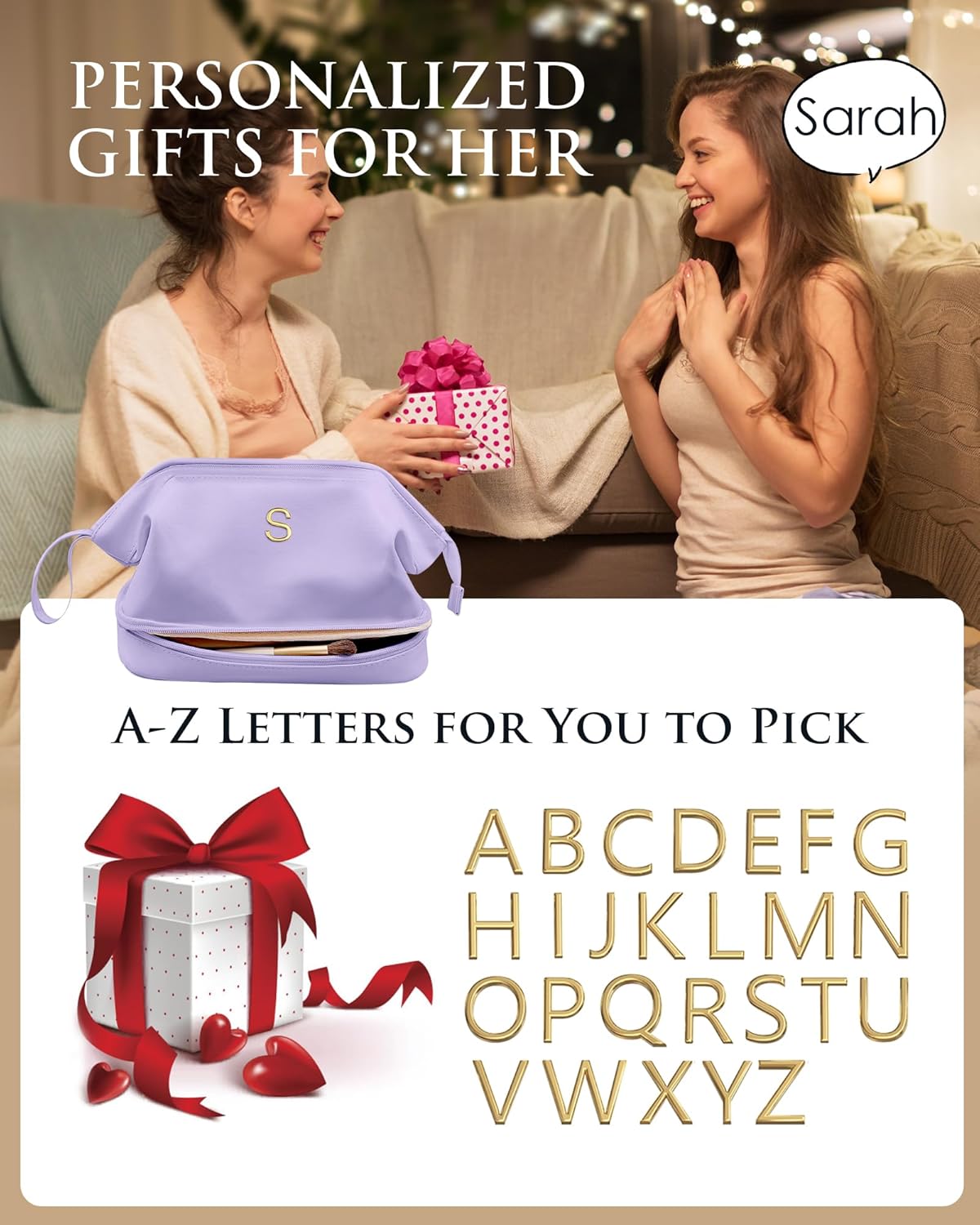 Initial Makeup Bags, Friend Gifts, Personalized Double Layer Cosmetic Bag with Makeup Brush Organizer, Waterproof, Large Capacity PU Leather Travel Toiletry Bag, Birthday Gifts for Girls