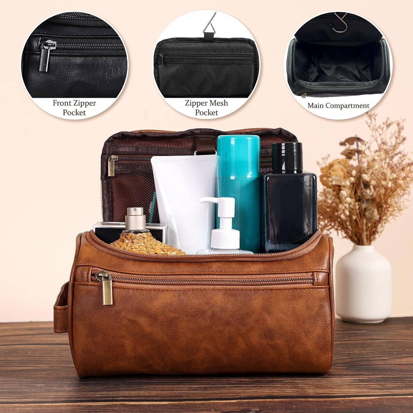 Toiletry Bag for Men, Hanging Travel Shaving Dopp Kit for Men and Women, Water-resistant Toiletries Organizer Bags, PU Leather Cosmetic Bags for Makeup Accessories (Black)