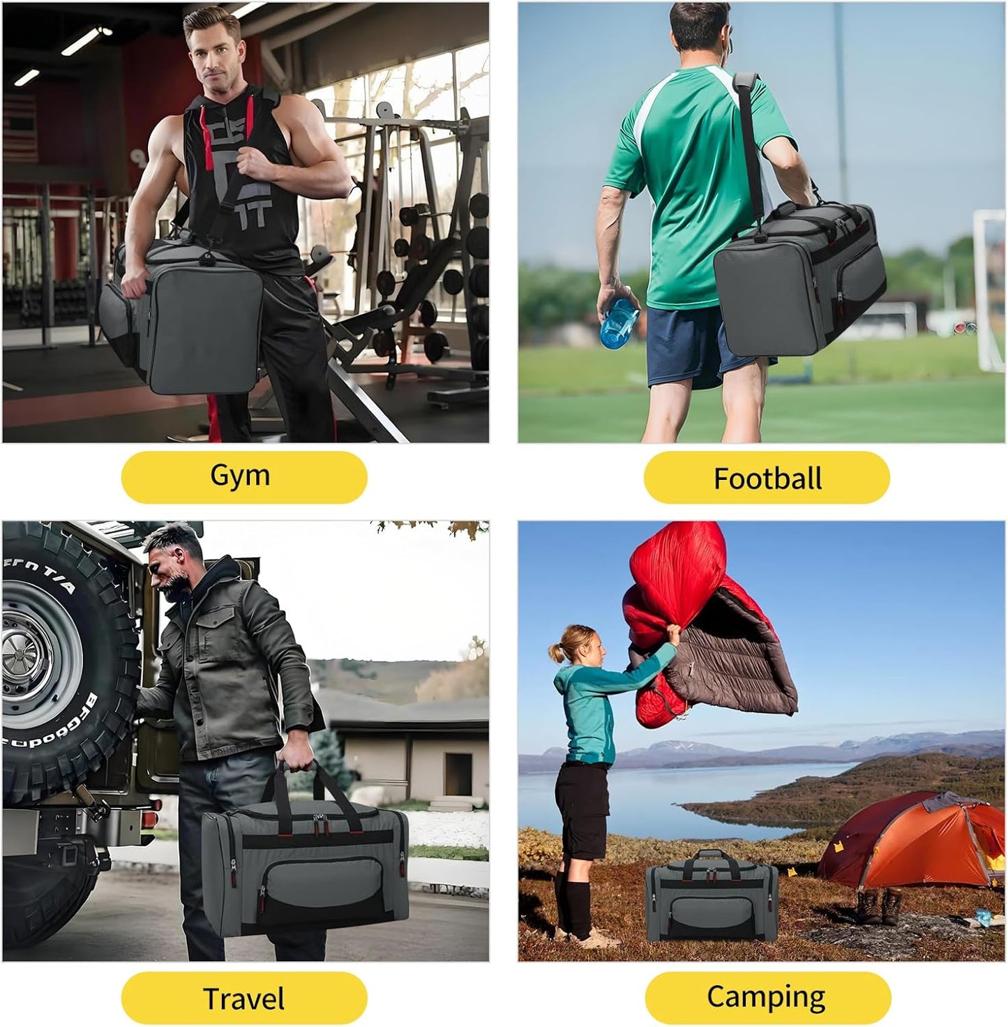 22 inch Gym Bag for Men - 55L Large Travel Duffle Bag Sports Equipment Bag with Multiple Zippered Pockets,Outdoor Workout Duffle Bag for Overnight Weekend - Dark Grey