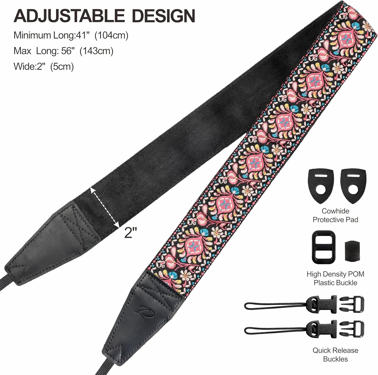 Padwa Lifestyle Pink Flower Camera Strap - 2" Full Grain Leather Ends Camera Straps for Photographers, Vintage Embroidered Cotton Weave Soft Suede Fabric Padded Strap Quick Release fits All Cameras