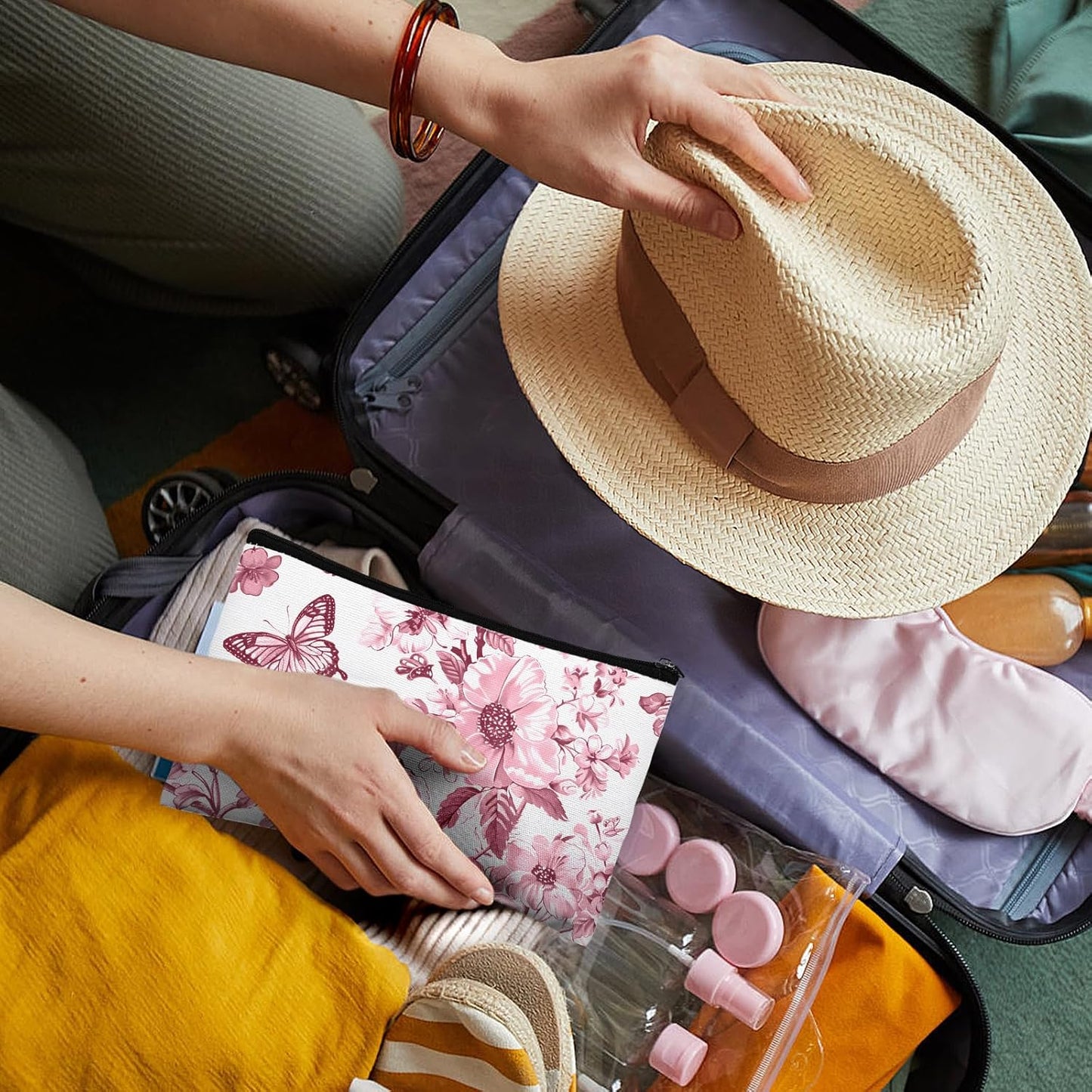 24 Pcs Floral Cosmetic Bags Bulk for Women Pink and White Floral Makeup Bags Chinoiserie Canvas Travel Zipper Pouches Aesthetic Toiletry Bag for Girls Bridesmaids Wedding Supplies