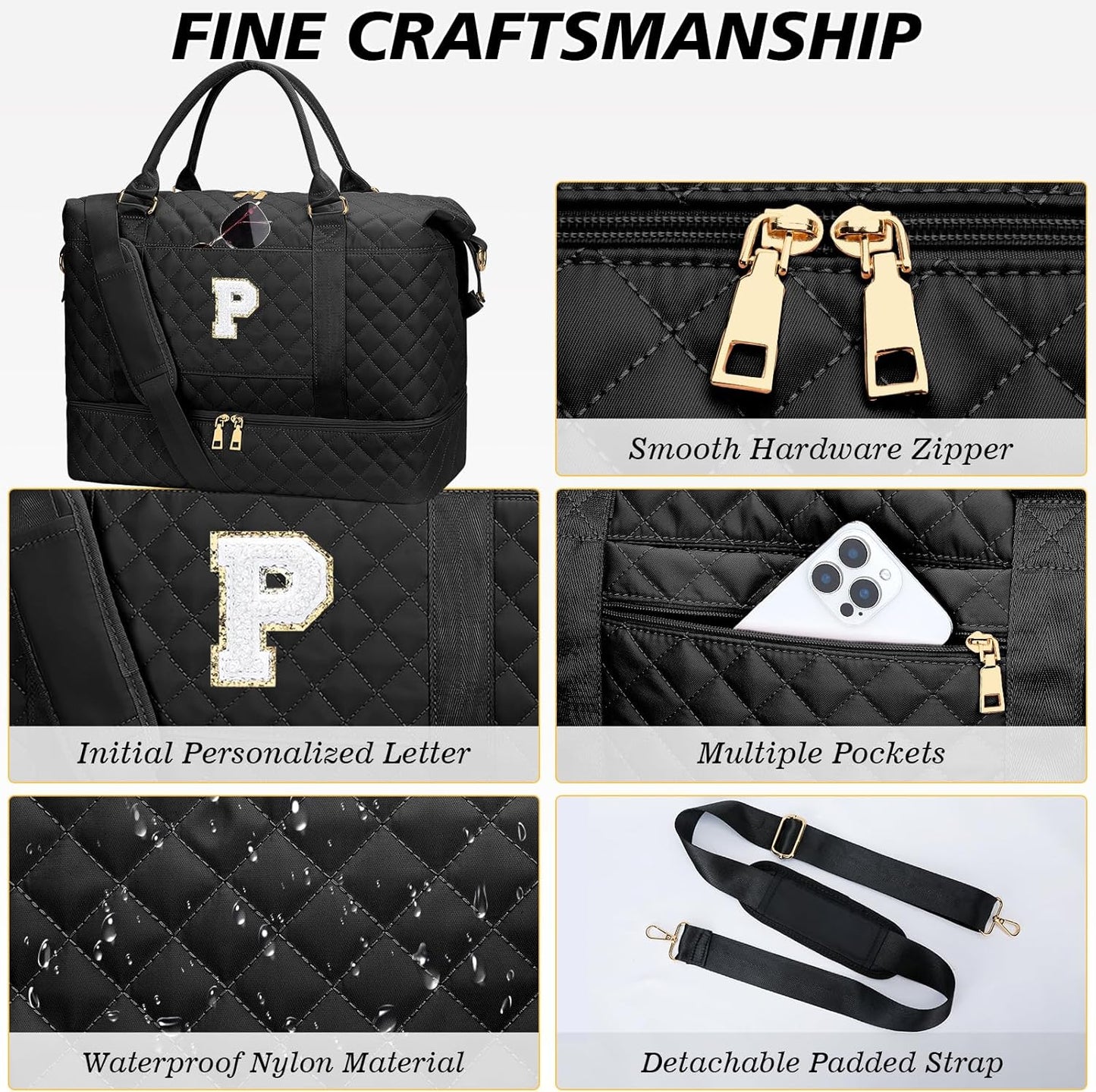 Gifts for Mom for Daughter Birthday Christmas Initial Travel Duffle Bag Quilted Weekender Bags Carry-On Overnight with Cosmetic Bag, Gym Bag with Shoe Compartment, Black P
