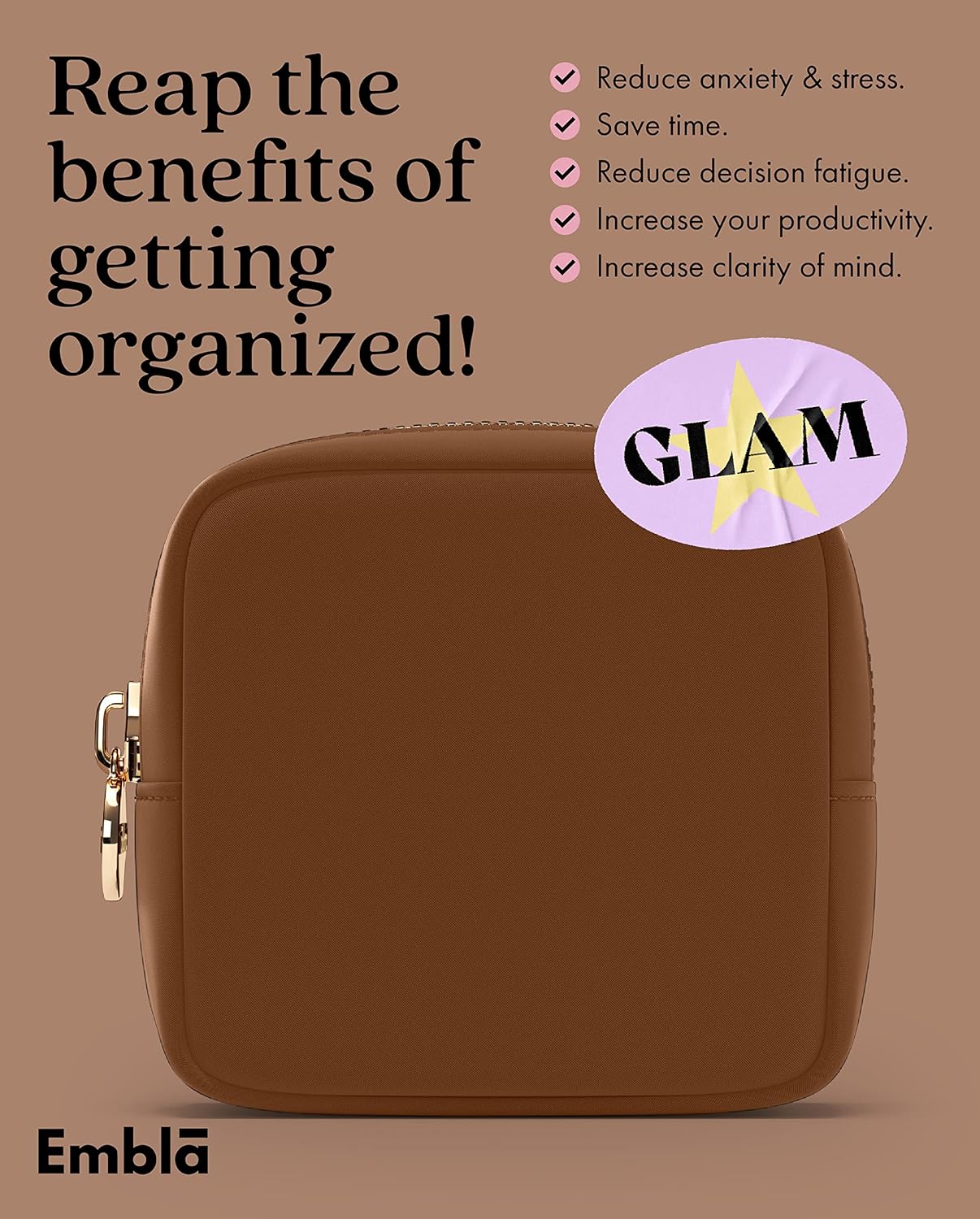 Embla Makeup Bag Travel Cosmetics Pouch and Toiletry Bag, Nylon Zipper Pouch Purse, Cute Make Up Organizer Storage Tote for Women Girls, Waterproof Travel Skincare Case, Small Makeup Bags, Chocolate