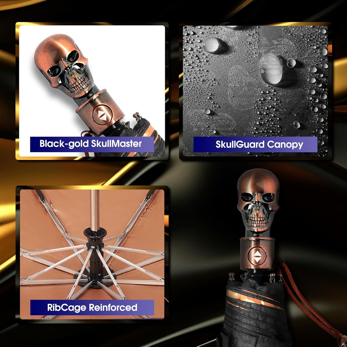 Gothic Skull Umbrella Compact Portable Automatic Folding with Golden Skull Handle Dark Blue with Gold UV Coating