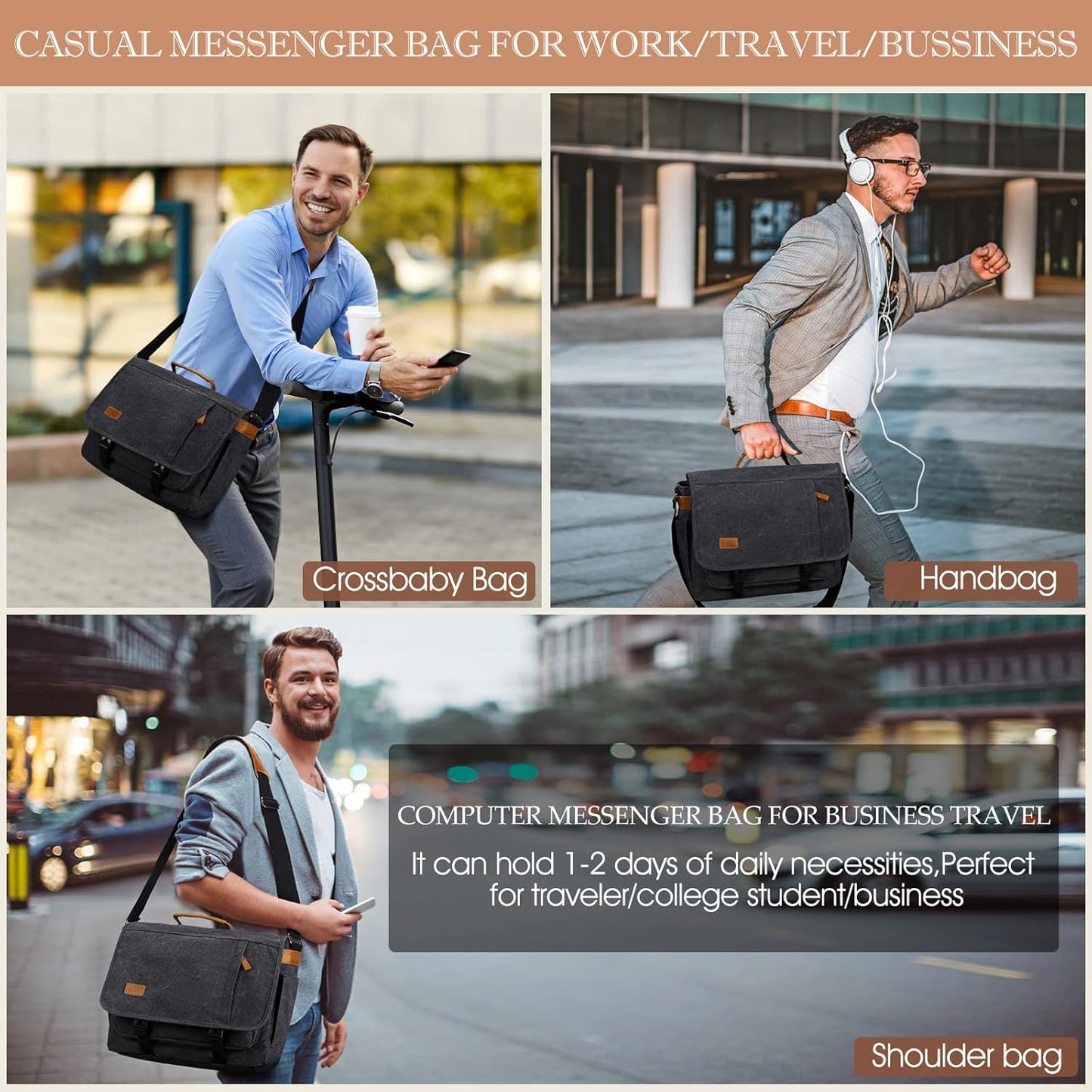 17.3 Inch Messenger Bag for Men: 2PCS Laptop Bag PU Leather Canvas Work Briefcase Large Office