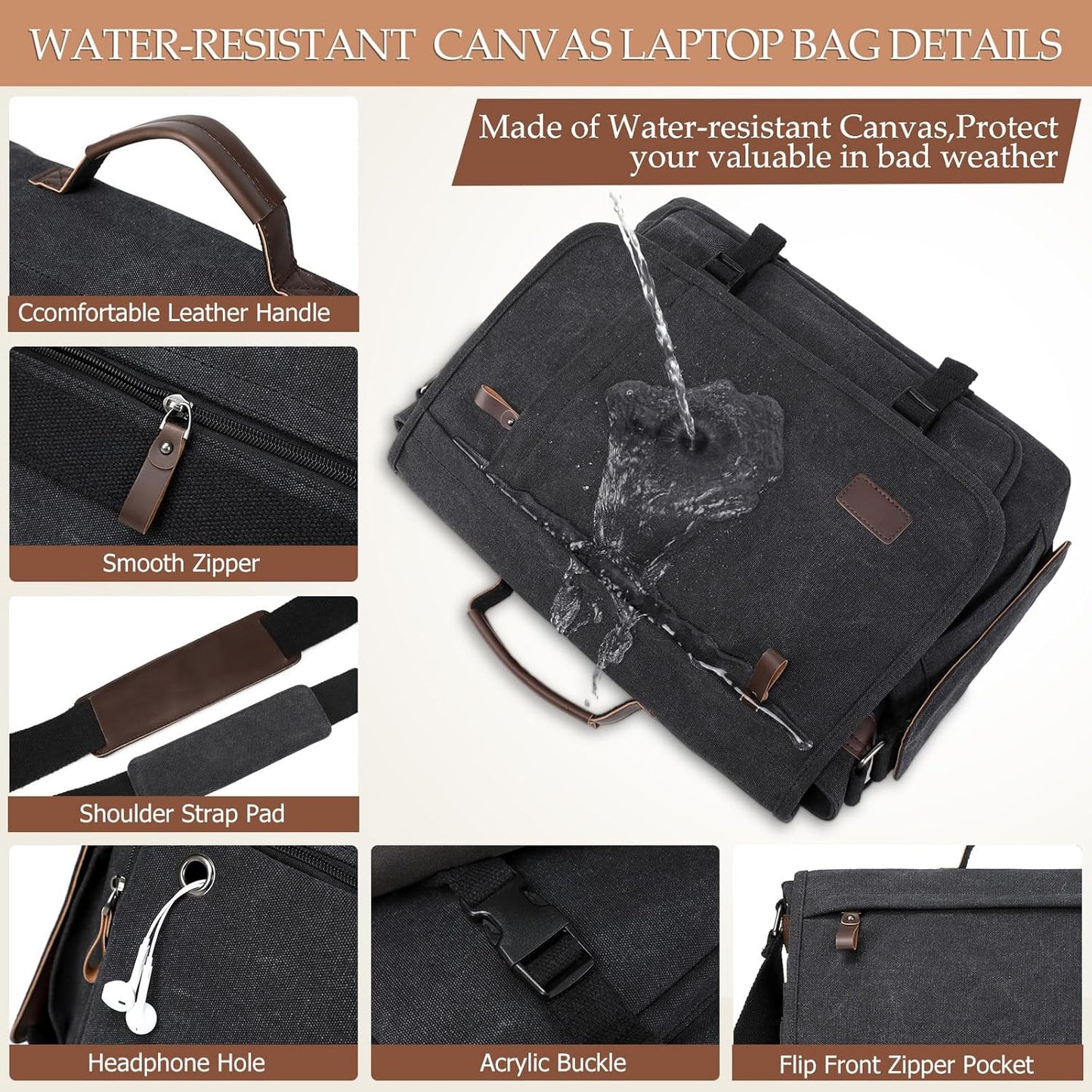 17.3 Inch Messenger Bag for Men: 2PCS Laptop Bag PU Leather Canvas Work Briefcase Large Office