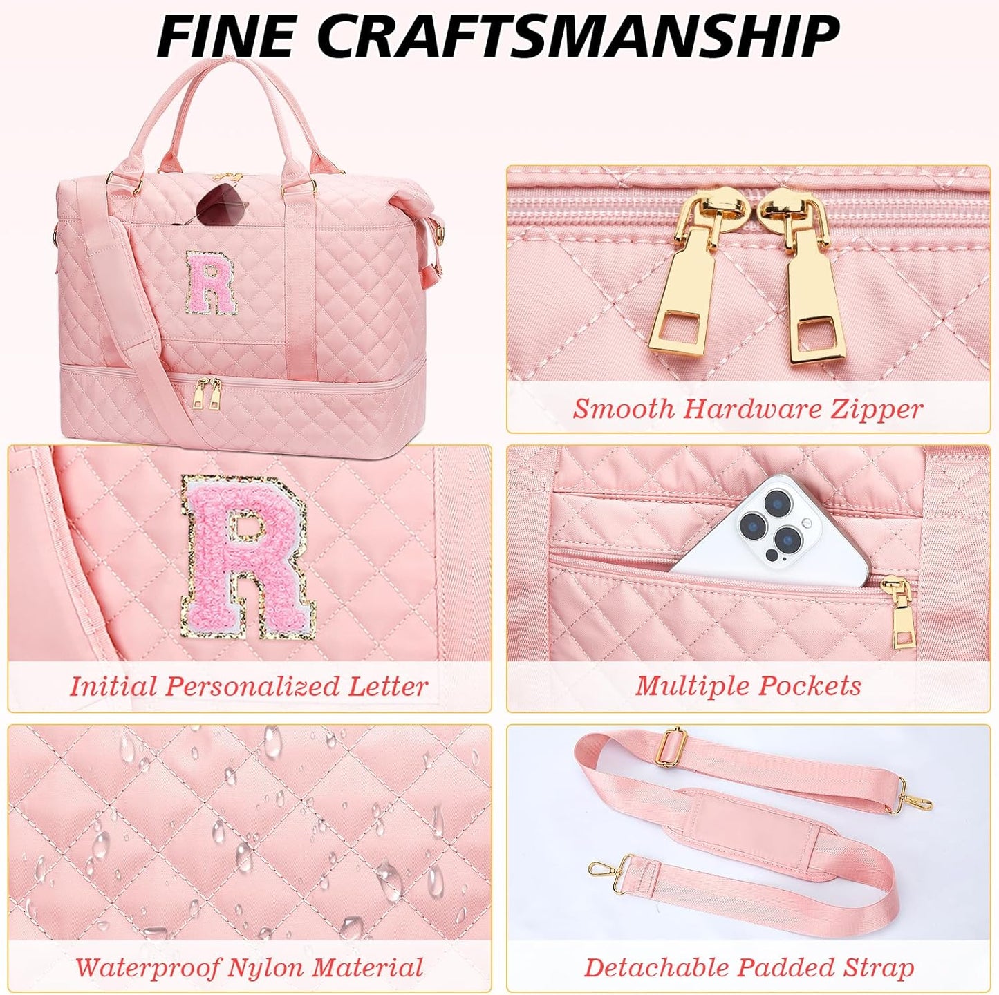 Gifts for Women Teen Girls Birthday Christmas Initial Travel Duffle Bag Quilted Weekender Bags Carry-On Overnight with Cosmetic Bag, Gym Bag with Shoe Compartment, Pink-R