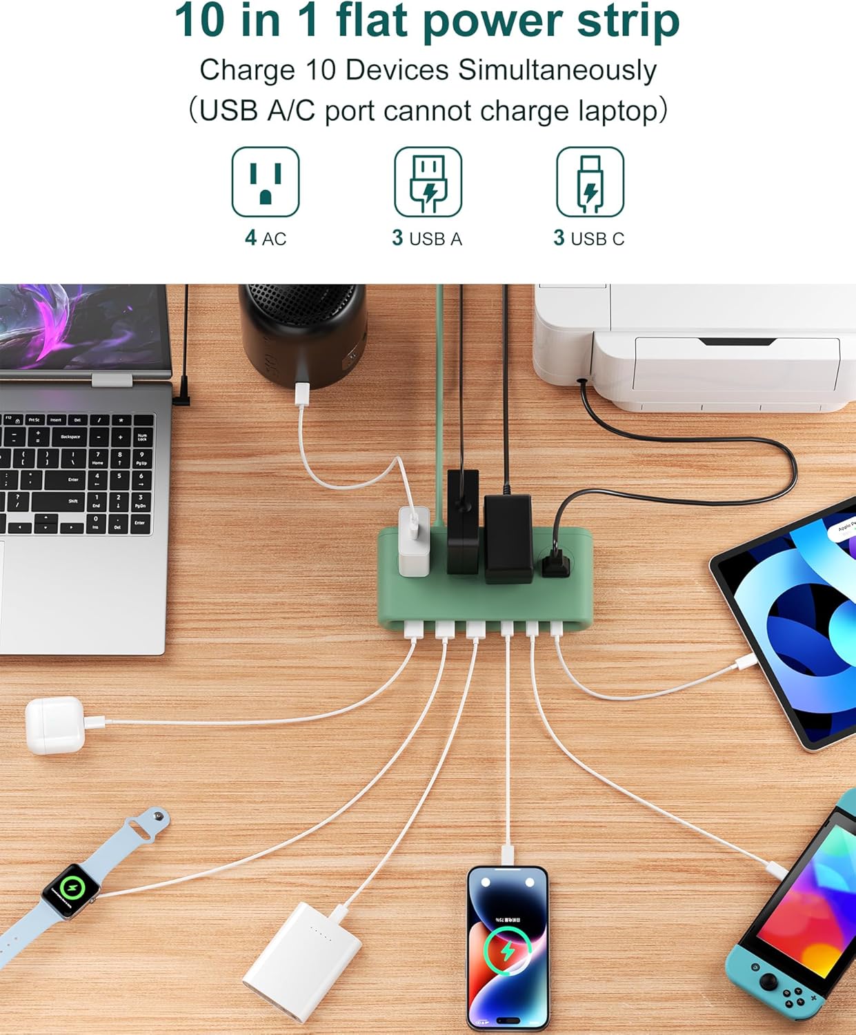 10 in 1 Flat Plug Power Strip with USB C, PD20W Fast Charging Station with 4 Outlets and 6 USB Port(3 Type C+3 USB A, 5ft Extension Cord, Non Surge Protector for Travel (Green)