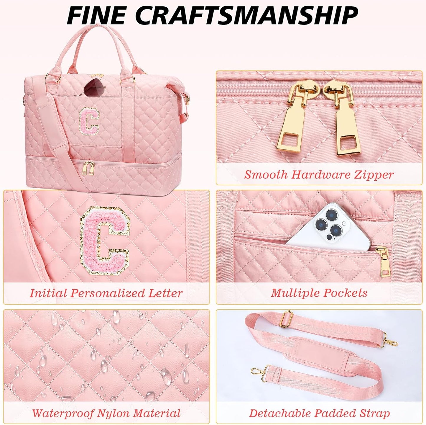 Gifts for Women Girls Initial Travel Duffle Bag Quilted Weekender Carry-On Overnight with Cosmetic Bag, Gym Bag with Shoe Compartment Hospital Bag for Labor Delivery, Pink C