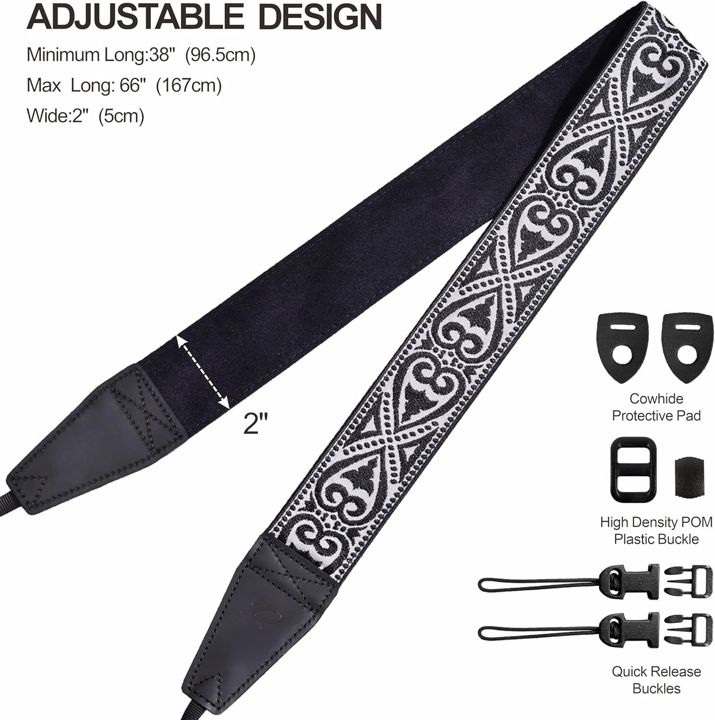 Padwa Lifestyle Camera Strap - 2" Full Grain Leather Ends Camera Straps for Photographers, Vintage Silver Embroidered Cotton Weave Soft Suede Fabric Padded Strap Quick Release fits All Cameras