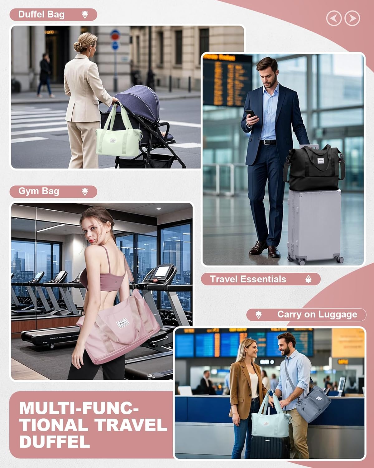 Travel Duffel Bag, Sports Tote Gym Bag, Shoulder Weekender Overnight Bag for Women