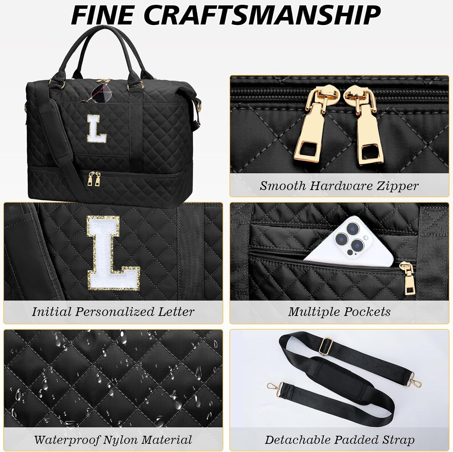 Gifts for Women Initial Travel Duffle Bag Quilted Weekender Carry-On Overnight with Cosmetic Bag, Gym Bag with Shoe Compartment Hospital Bag for Labor Delivery, Black L
