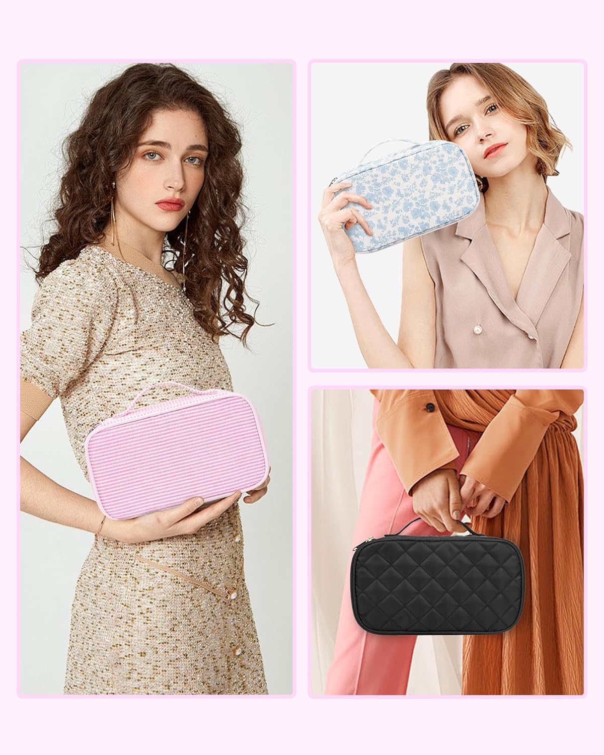 Relavel Cute Makeup Bag for Girls, Portable Pink Cosmetic Bag, Dual-layer Makeup Pouch with Brush Holder, Multi-Functional Preppy Toiletry Organizer for Travel, Daily Use - Pink Strip